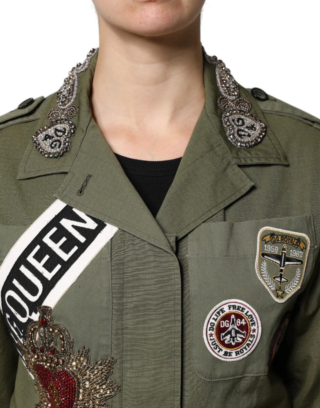 Dolce & Gabbana Military Green Queen Embellished Coat Jacket by Dolce & Gabbana