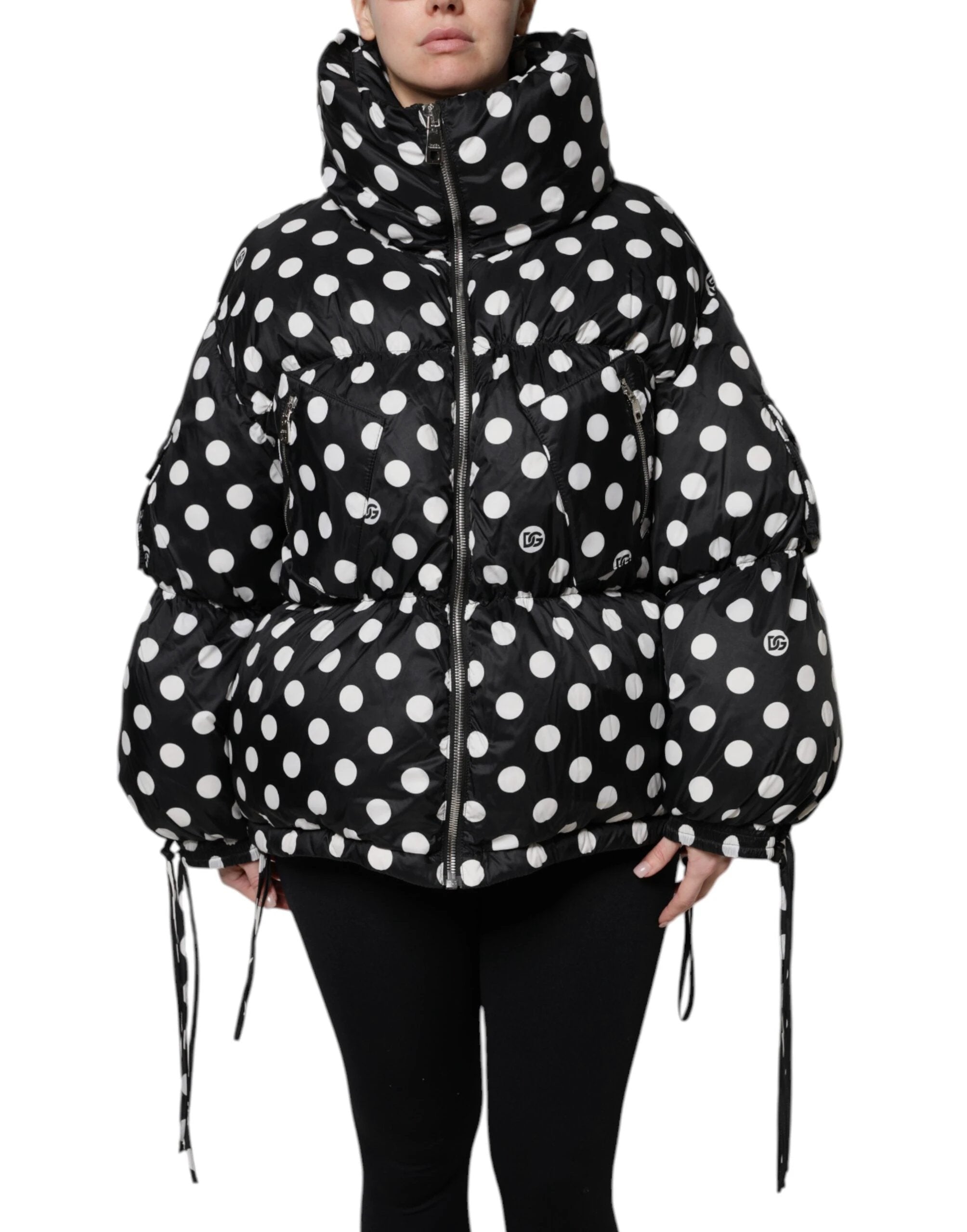 Dolce & Gabbana Black White Polka Dot Full Zip Puffer Jacket by Dolce & Gabbana