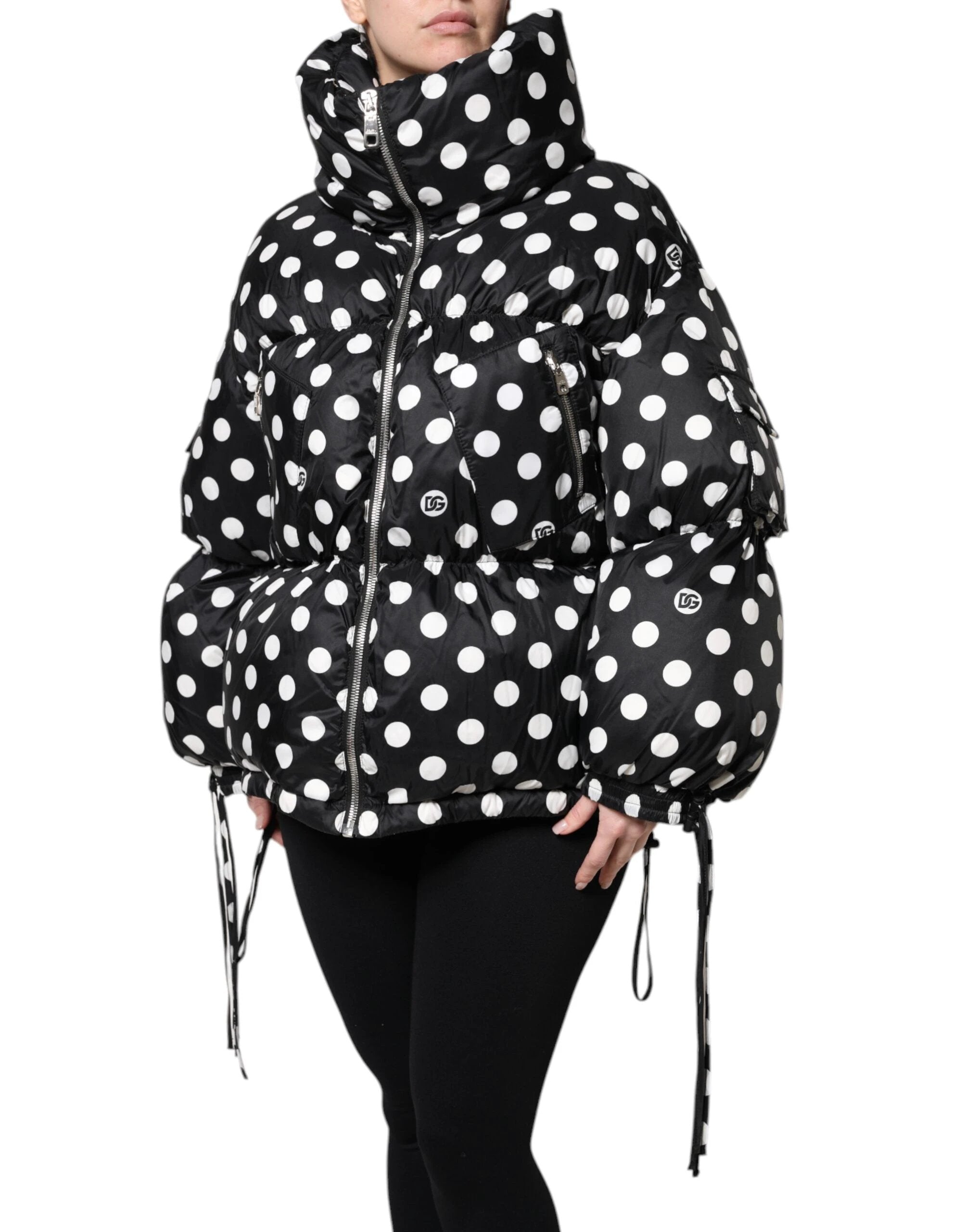 Dolce & Gabbana Black White Polka Dot Full Zip Puffer Jacket by Dolce & Gabbana