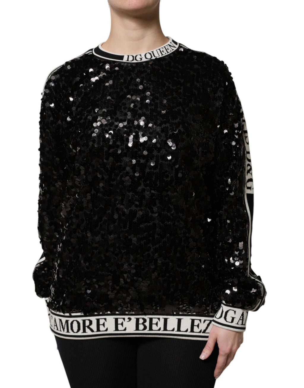 Dolce & Gabbana Black DG Queen Sequin Pullover Sweater by Dolce & Gabbana