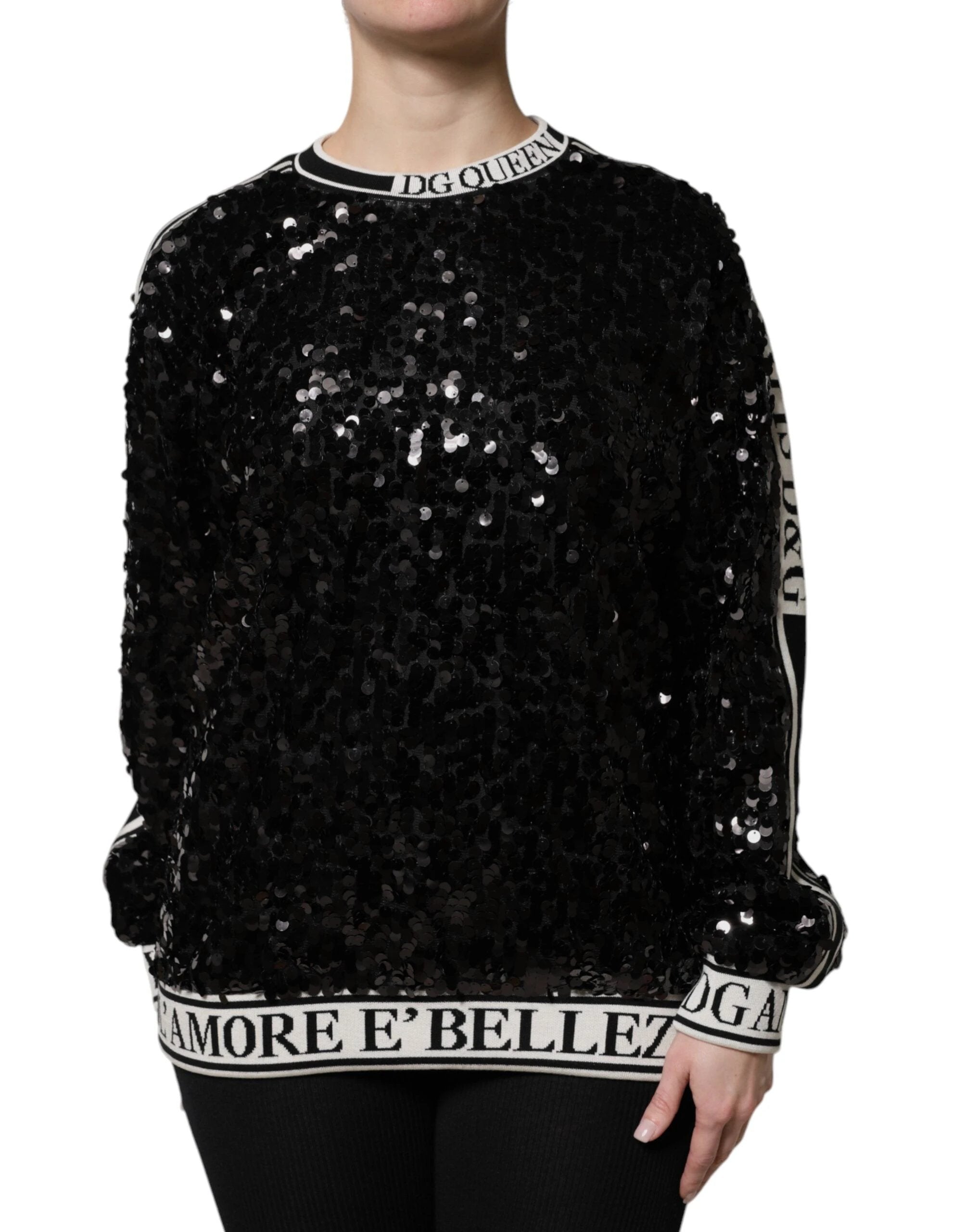 Dolce & Gabbana Black DG Queen Sequin Pullover Sweater by Dolce & Gabbana