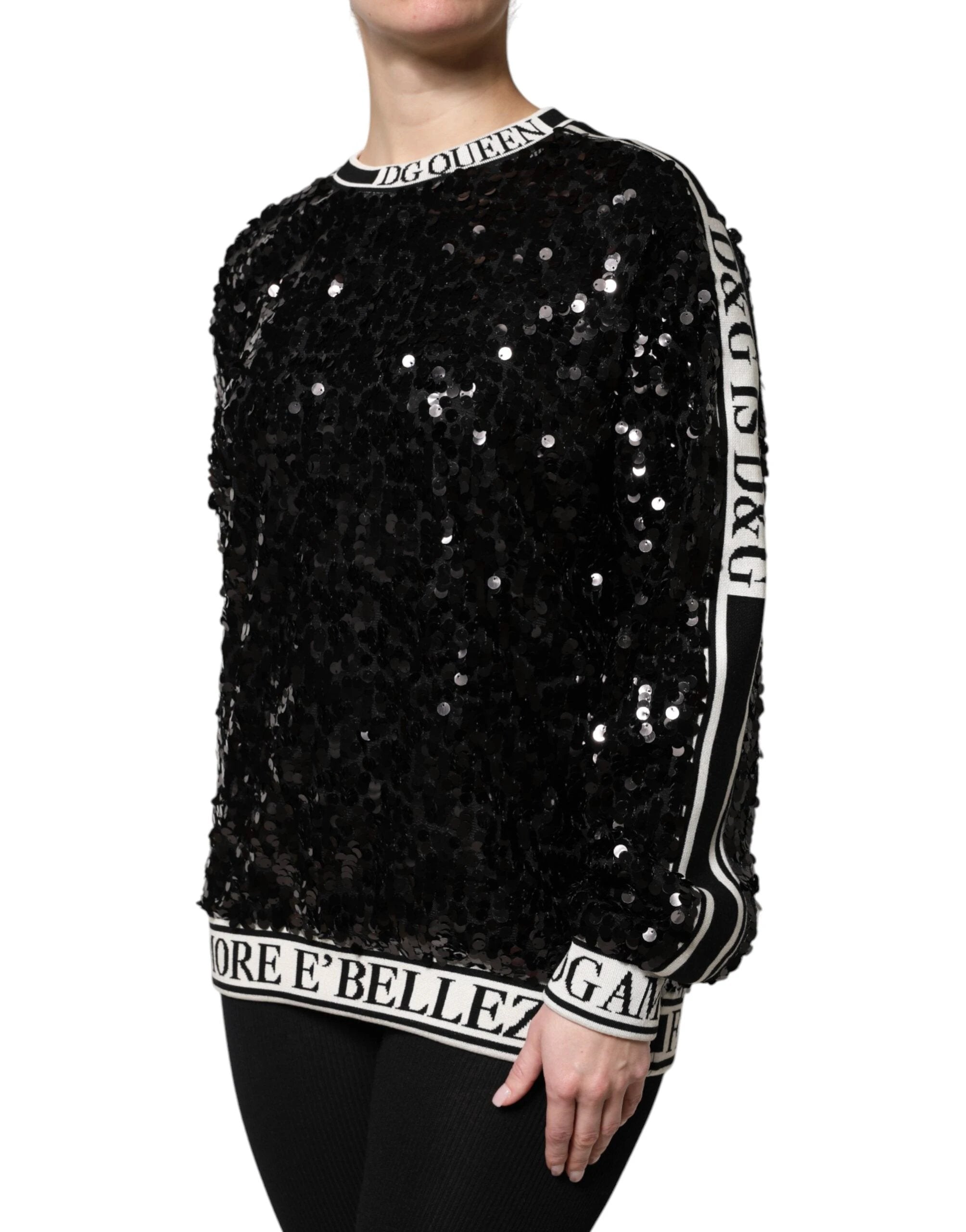 Dolce & Gabbana Black DG Queen Sequin Pullover Sweater by Dolce & Gabbana