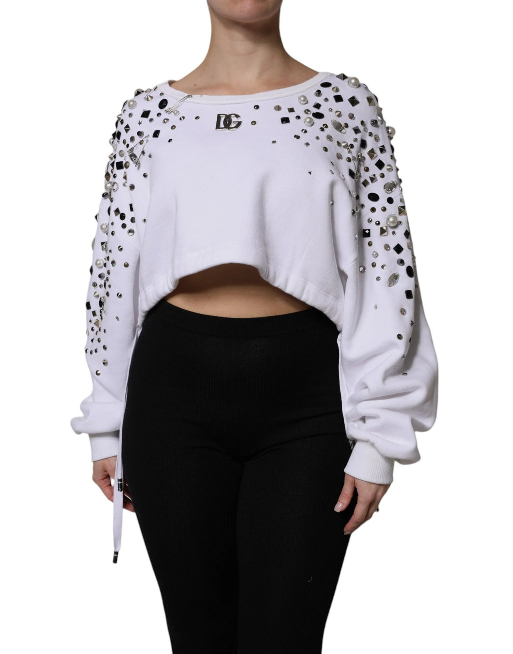 Dolce & Gabbana White Embellished Long Sleeve Cropped Sweater by Dolce & Gabbana