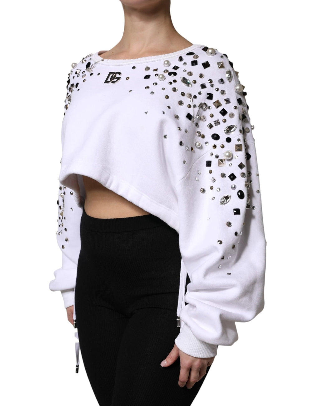 Dolce & Gabbana White Embellished Long Sleeve Cropped Sweater by Dolce & Gabbana