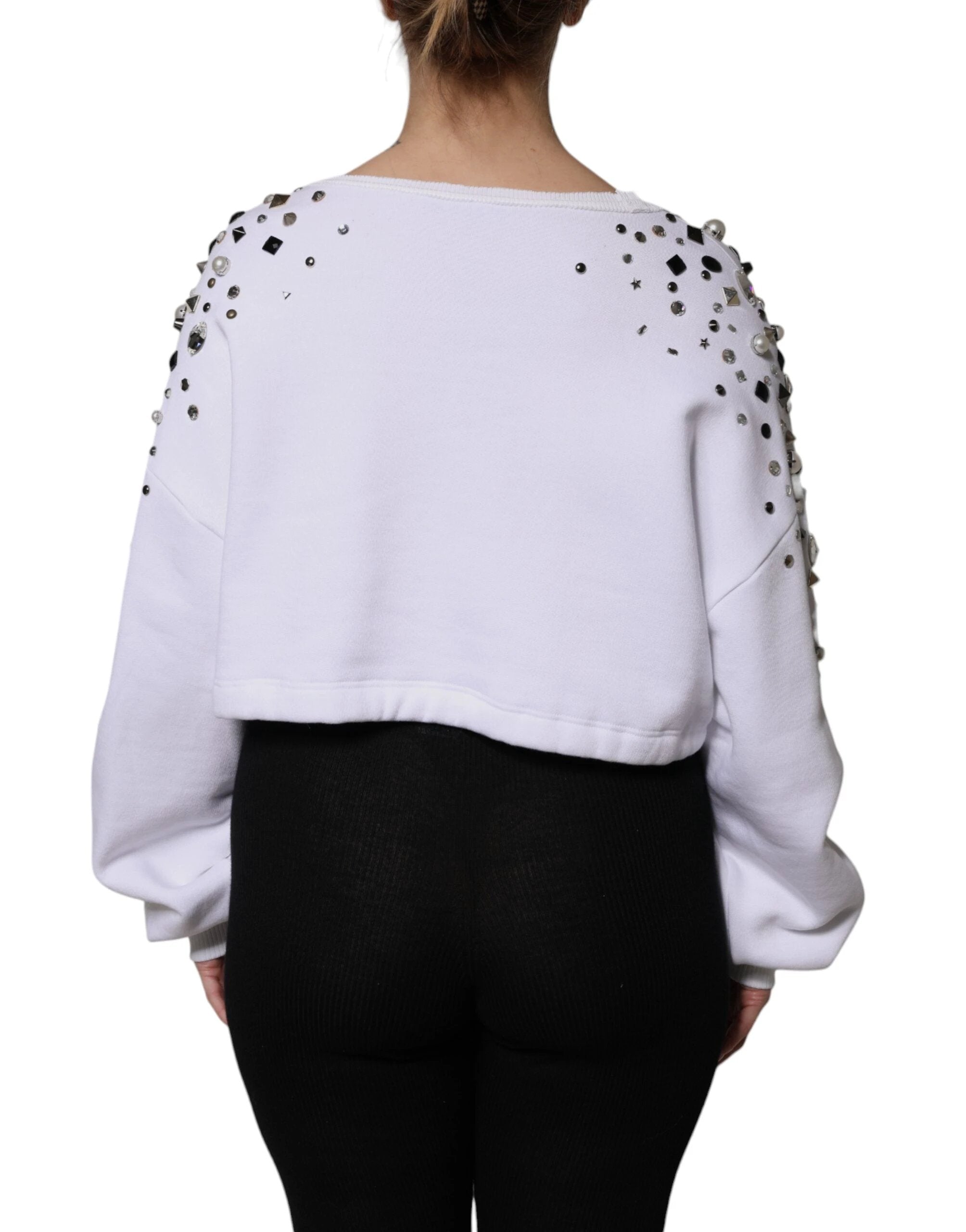 Dolce & Gabbana White Embellished Long Sleeve Cropped Sweater by Dolce & Gabbana