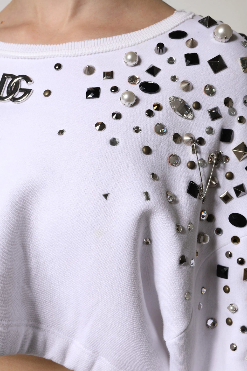 Dolce & Gabbana White Embellished Long Sleeve Cropped Sweater by Dolce & Gabbana
