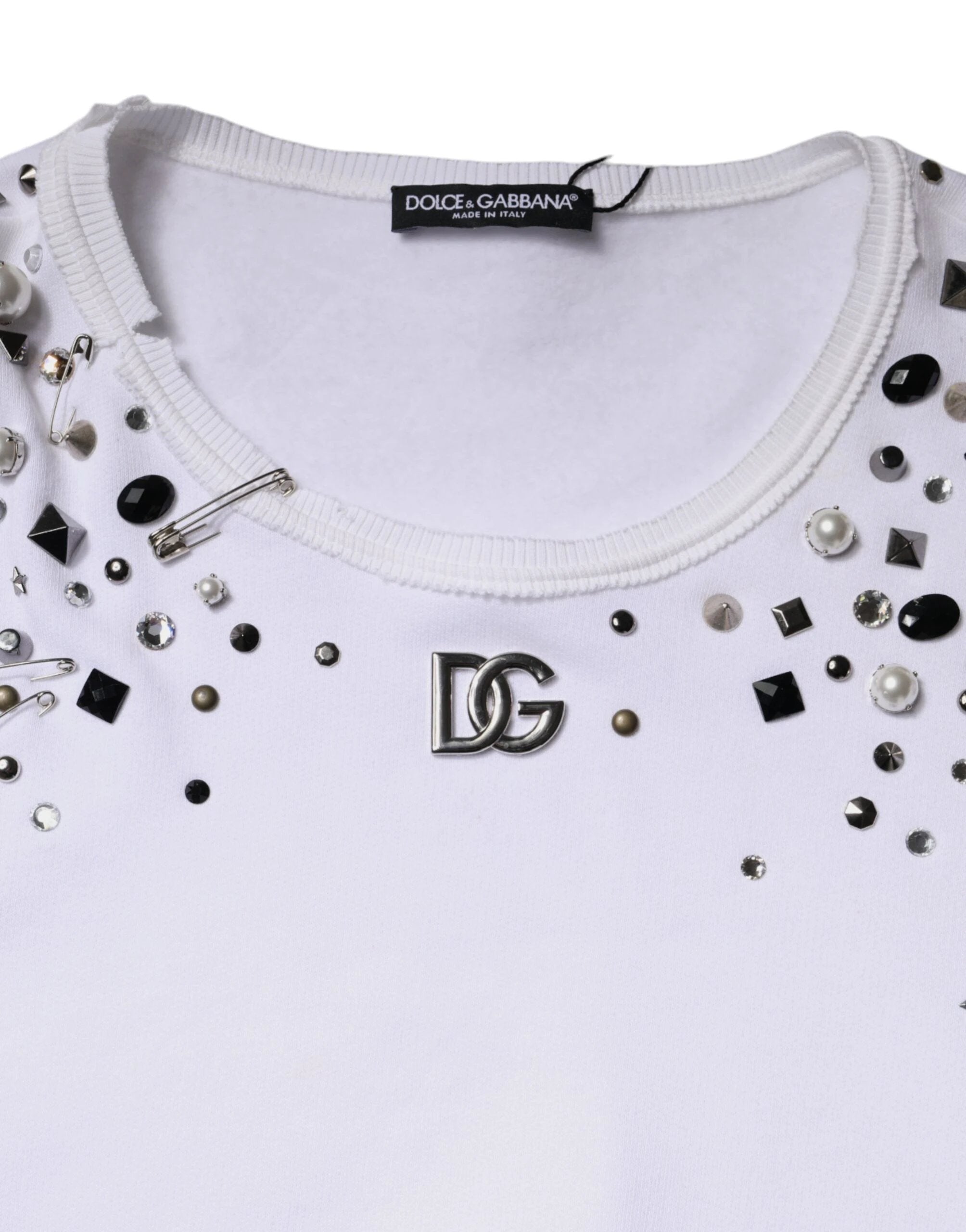 Dolce & Gabbana White Embellished Long Sleeve Cropped Sweater by Dolce & Gabbana