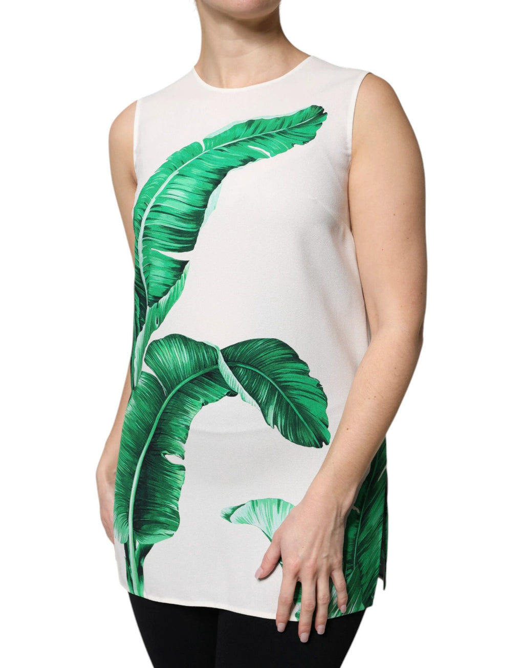 Dolce & Gabbana White Banana Leaf Print Round Neck Tank Top by Dolce & Gabbana