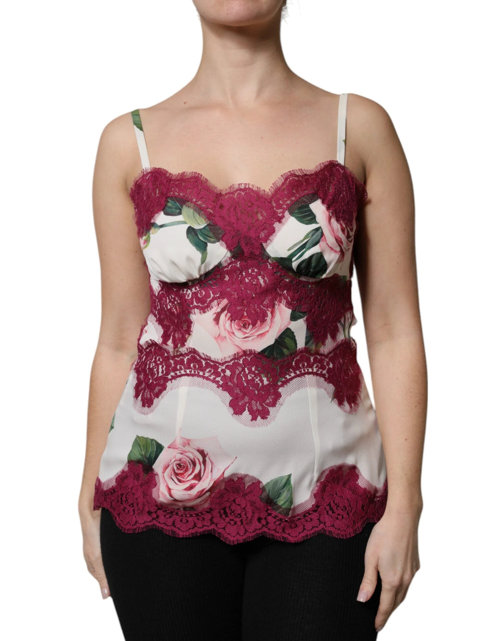 Dolce & Gabbana White Rose Print Satin Lace Tank Top Lingerie by Dolce & Gabbana