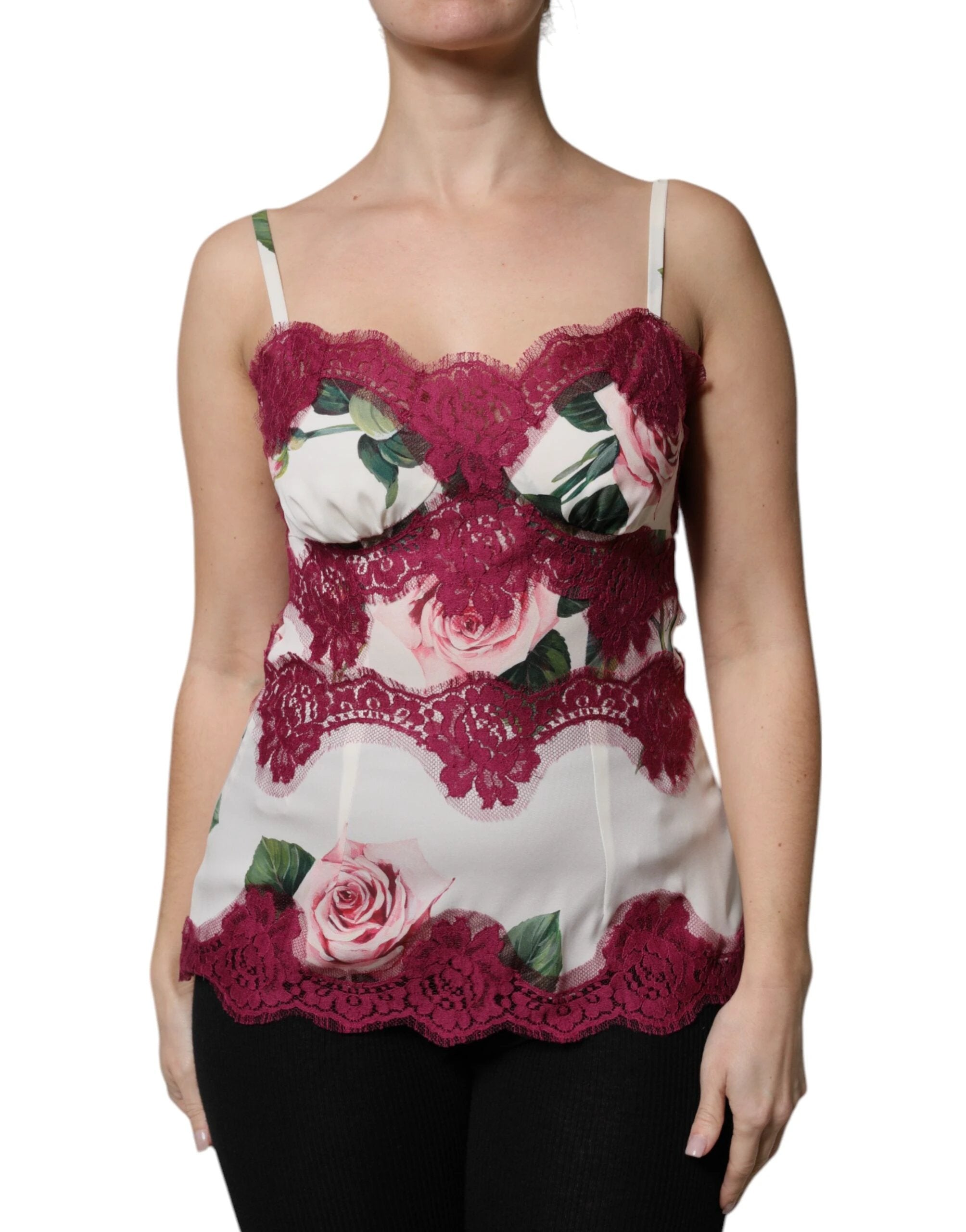 Dolce & Gabbana White Rose Print Satin Lace Tank Top Lingerie by Dolce & Gabbana