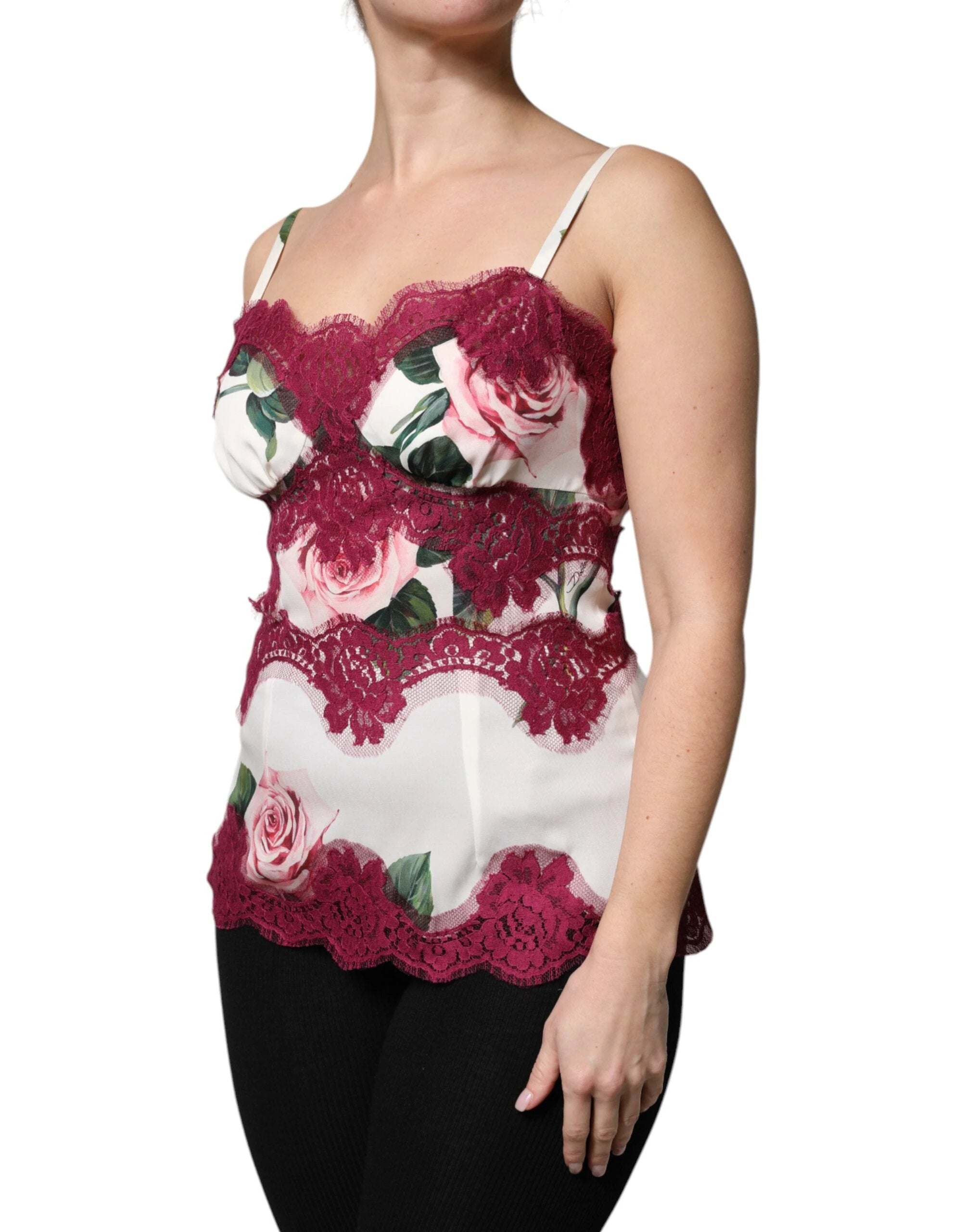 Dolce & Gabbana White Rose Print Satin Lace Tank Top Lingerie by Dolce & Gabbana