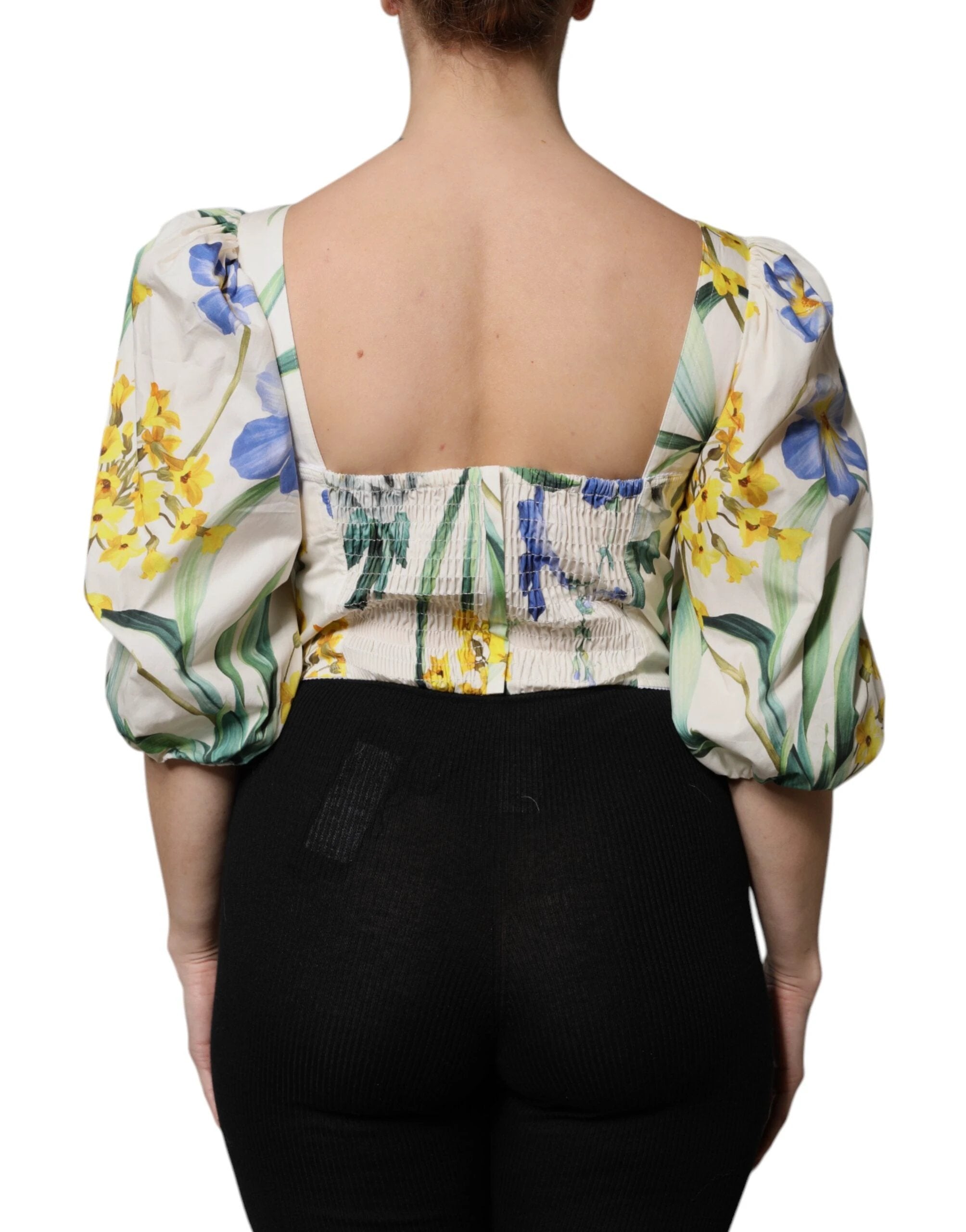 Dolce & Gabbana White Floral Puff Sleeves Crop Blouse Top by Dolce & Gabbana