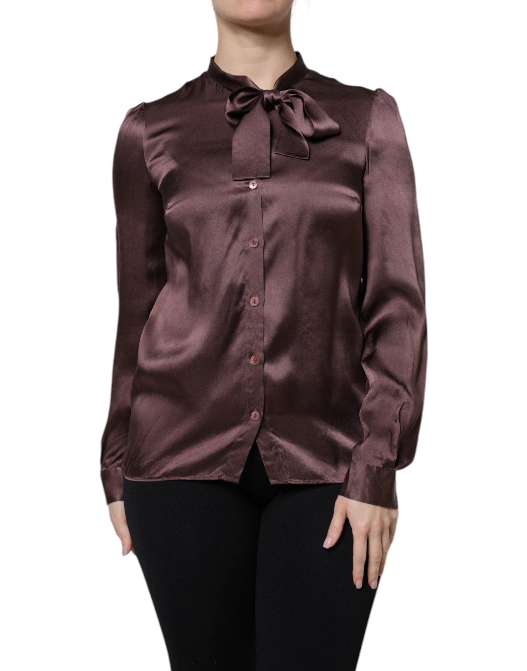 Dolce & Gabbana Brown Ascot Collar Long Sleeve Blouse Top by Dolce & Gabbana