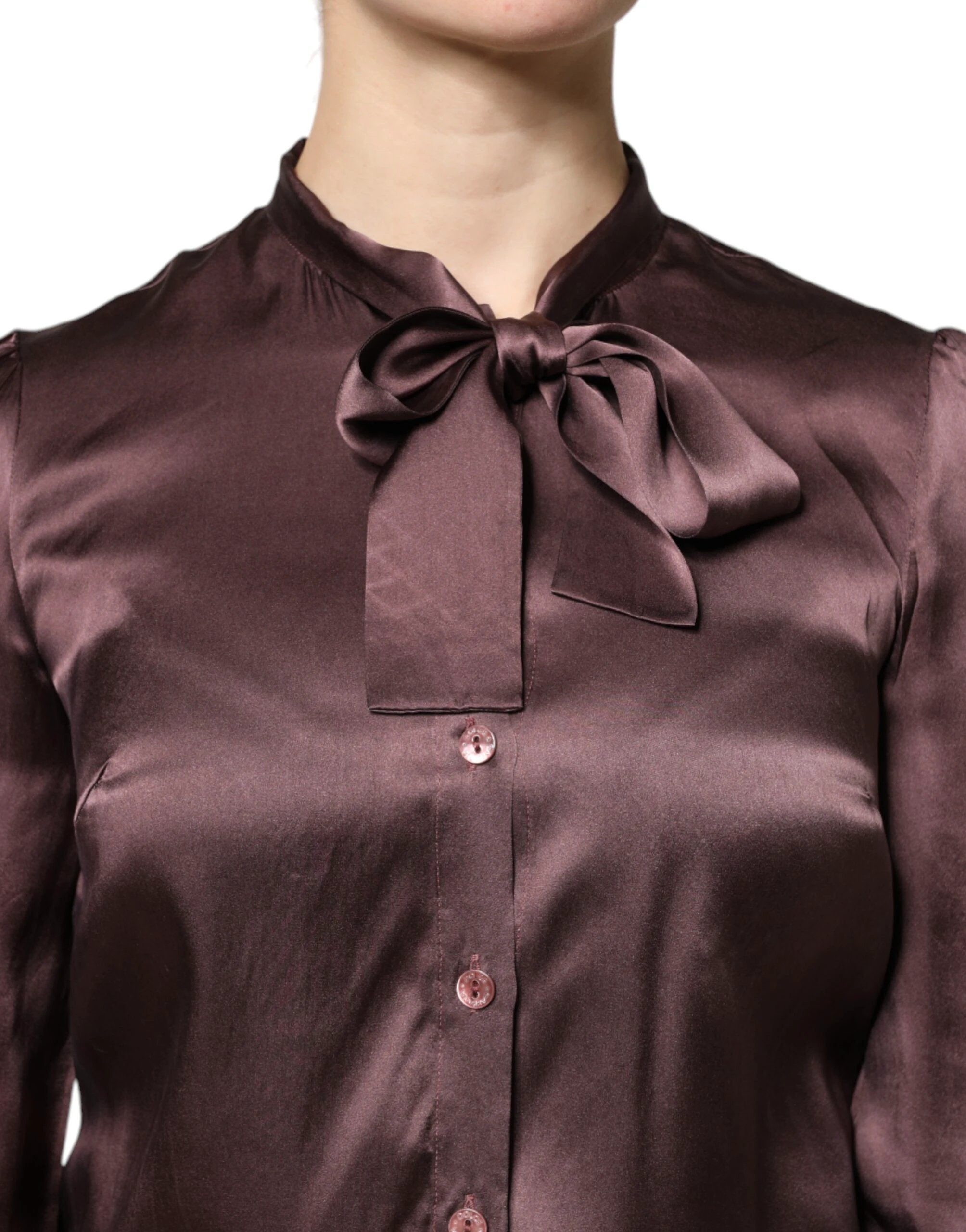 Dolce & Gabbana Brown Ascot Collar Long Sleeve Blouse Top by Dolce & Gabbana