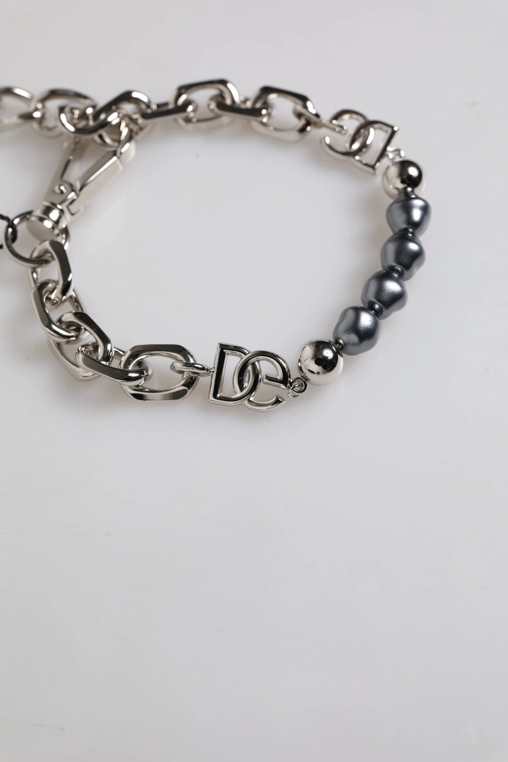 Dolce & Gabbana Silver Tone Chain Lobster Clasp Logo Gray Pearls Bracelet by Dolce & Gabbana