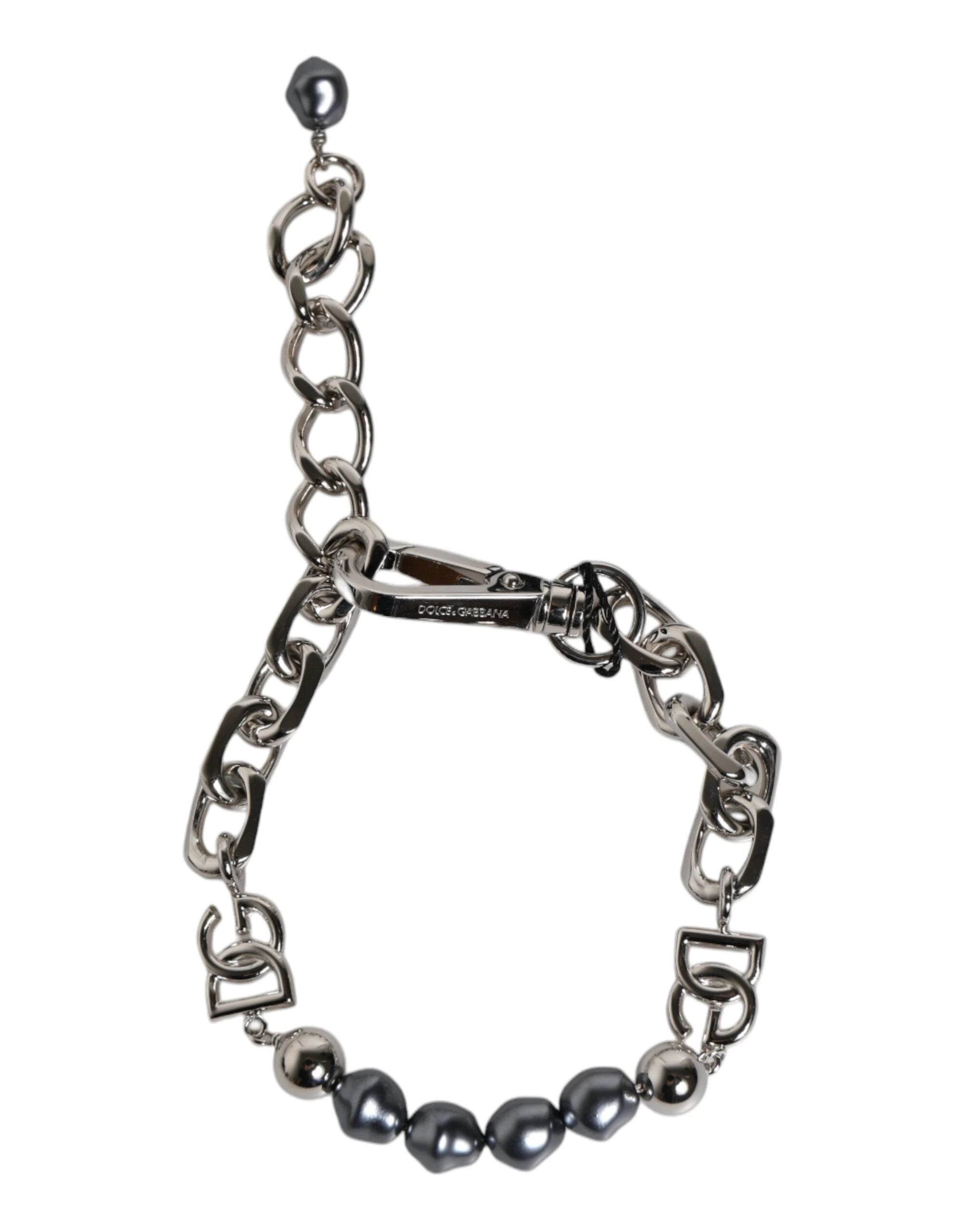 Dolce & Gabbana Silver Tone Chain Lobster Clasp Logo Gray Pearls Bracelet by Dolce & Gabbana