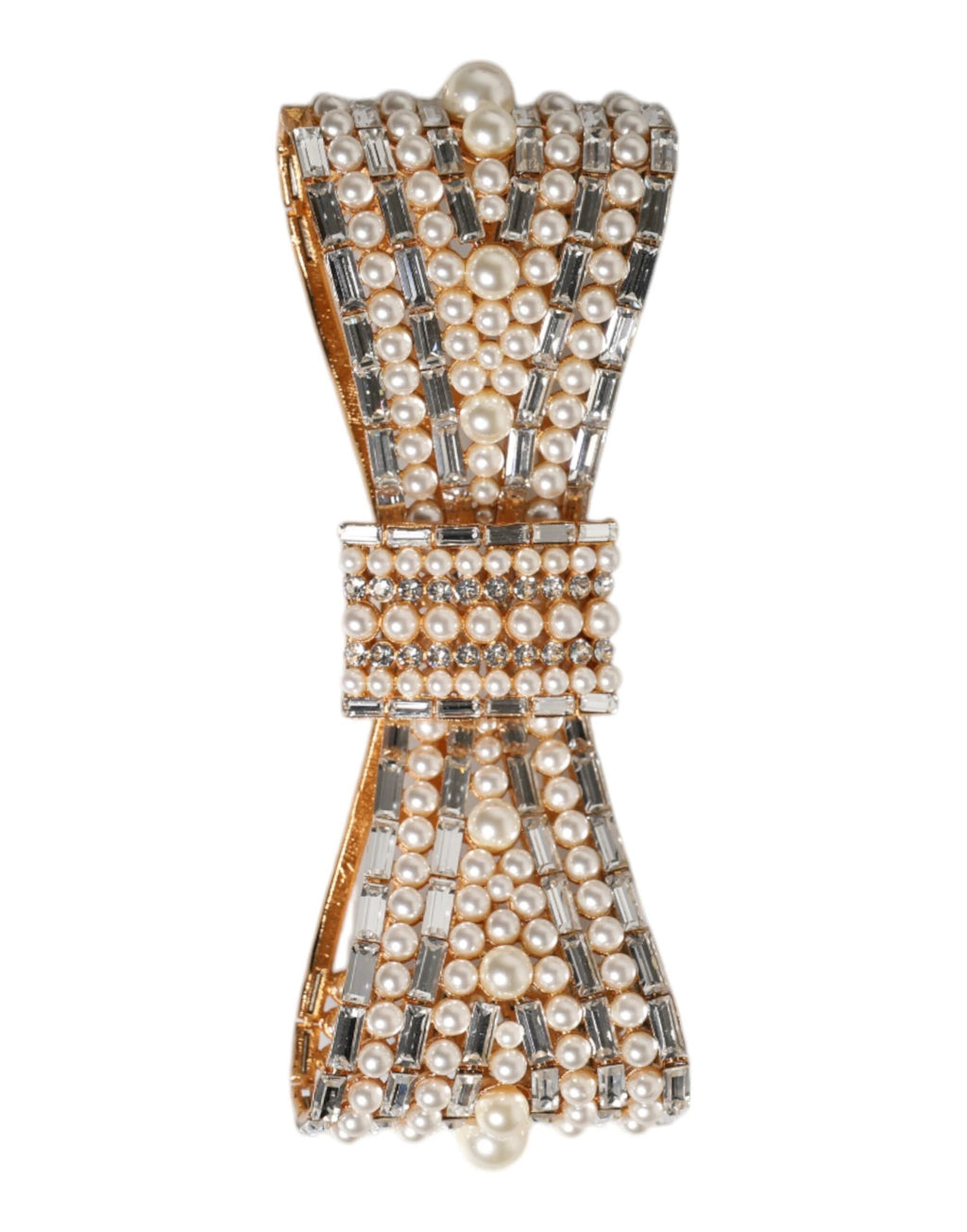 Dolce & Gabbana Gold Tone Brass Bow Crystal FauxPearl Embellished Brooch by Dolce & Gabbana