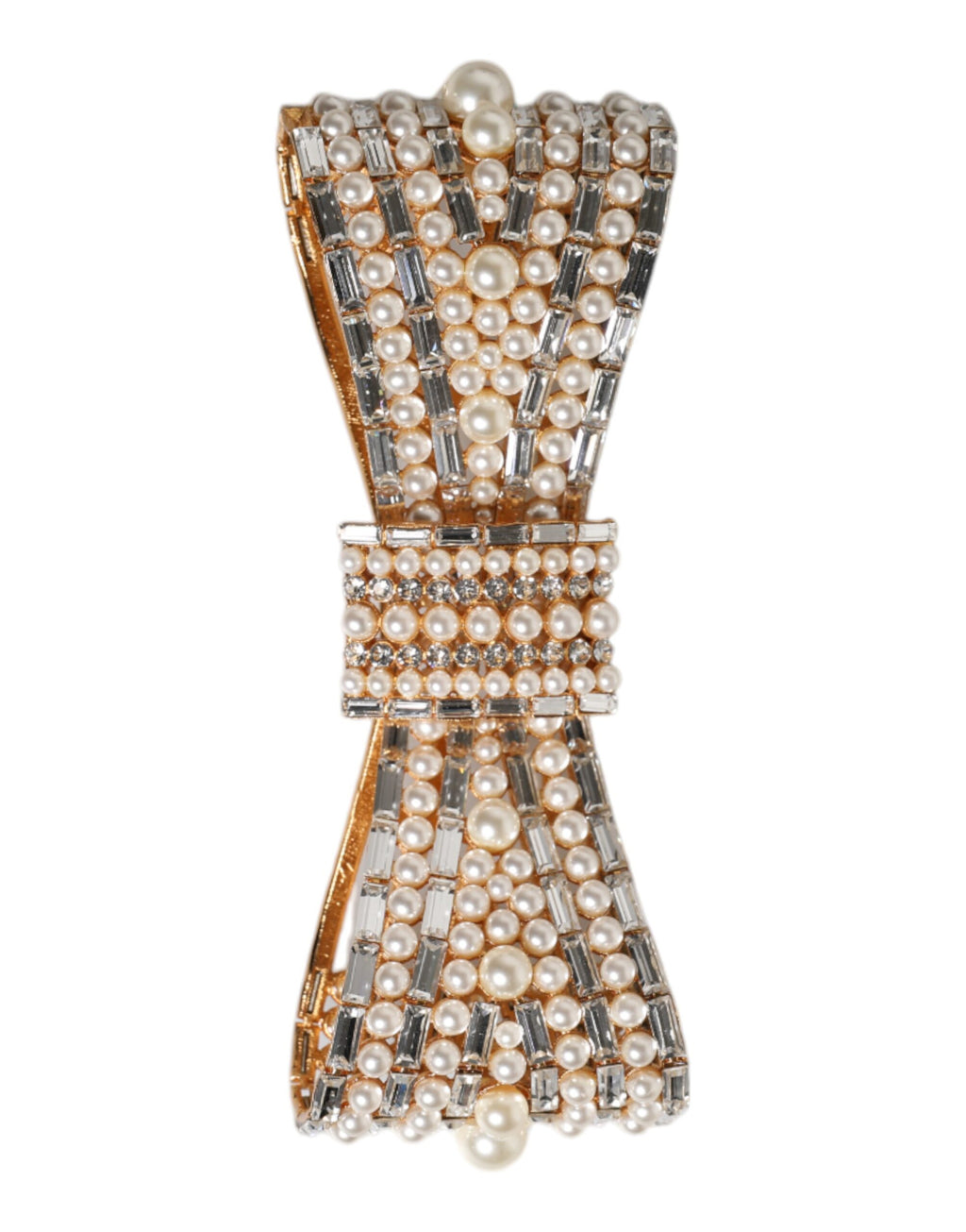 Dolce & Gabbana Gold Tone Brass Bow Crystal FauxPearl Embellished Brooch by Dolce & Gabbana