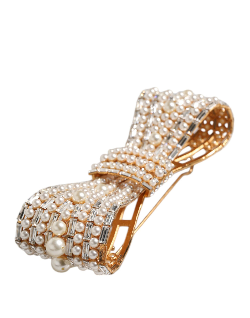 Dolce & Gabbana Gold Tone Brass Bow Crystal FauxPearl Embellished Brooch by Dolce & Gabbana