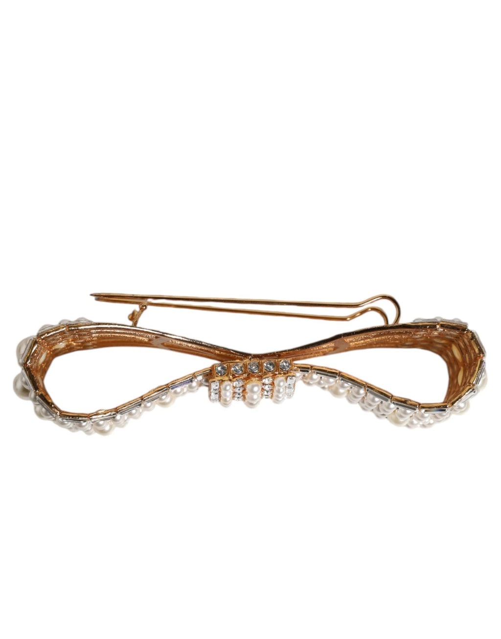 Dolce & Gabbana Gold Tone Brass Bow Crystal FauxPearl Embellished Brooch by Dolce & Gabbana