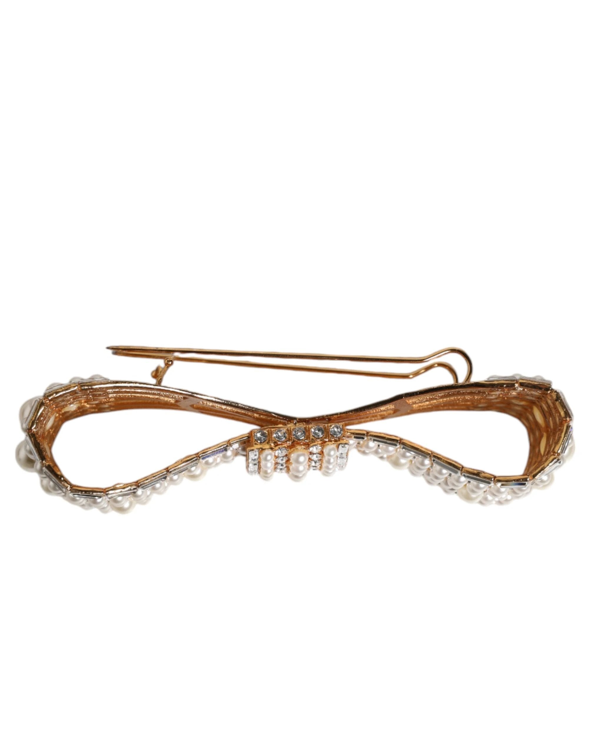 Dolce & Gabbana Gold Tone Brass Bow Crystal FauxPearl Embellished Brooch by Dolce & Gabbana