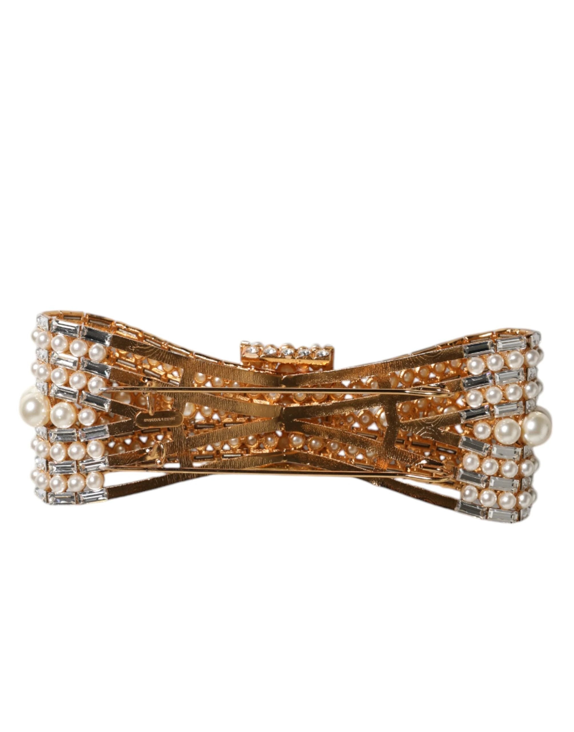Dolce & Gabbana Gold Tone Brass Bow Crystal FauxPearl Embellished Brooch by Dolce & Gabbana
