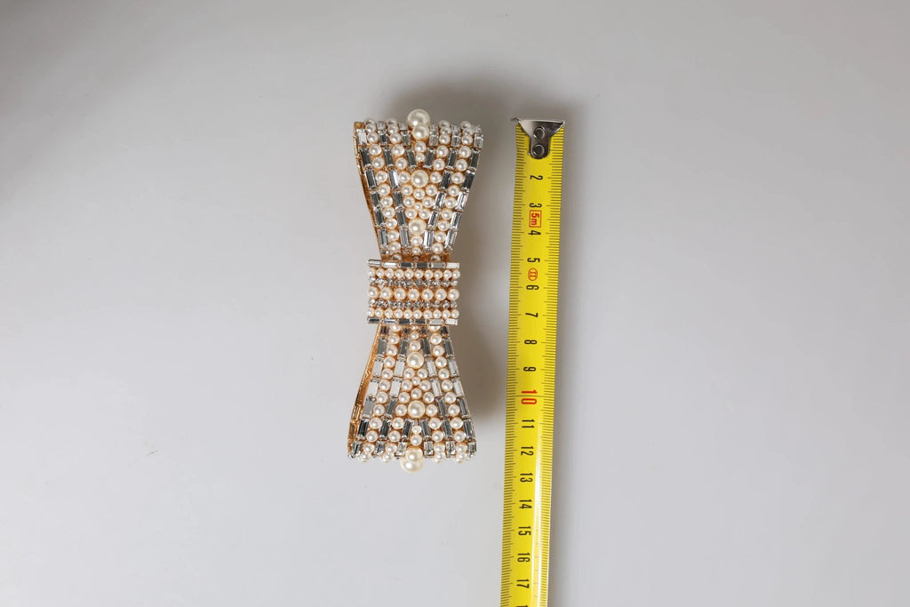 Dolce & Gabbana Gold Tone Brass Bow Crystal FauxPearl Embellished Brooch by Dolce & Gabbana