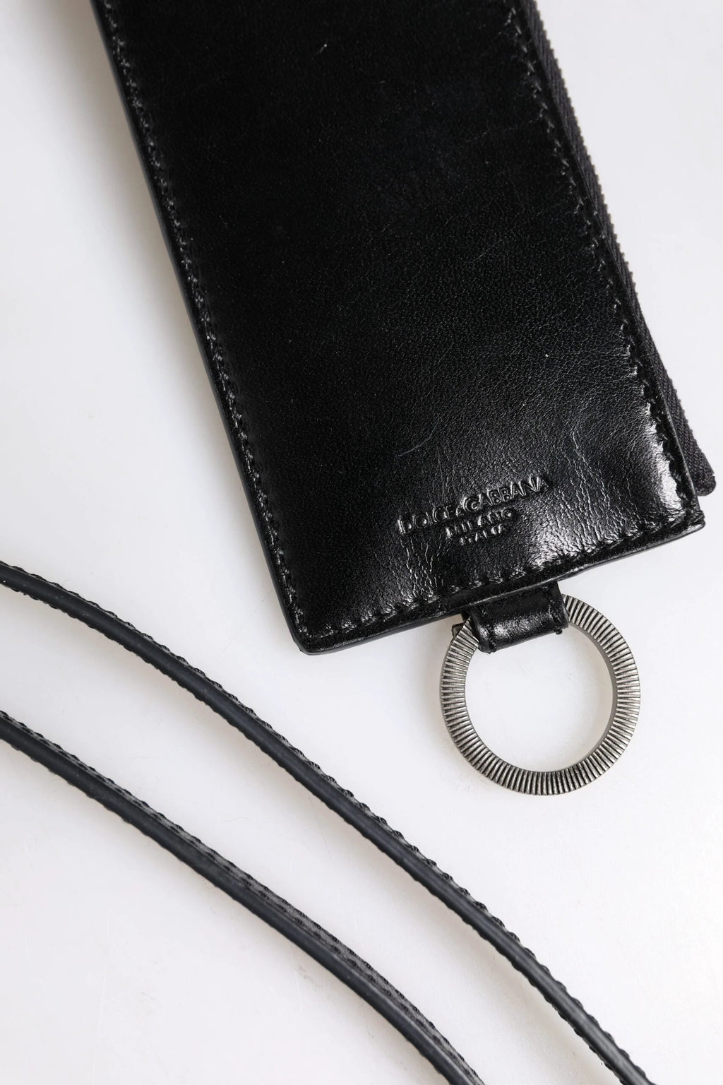 Dolce & Gabbana Black Leather Logo Embossed Lanyard Card Holder Wallet by Dolce & Gabbana