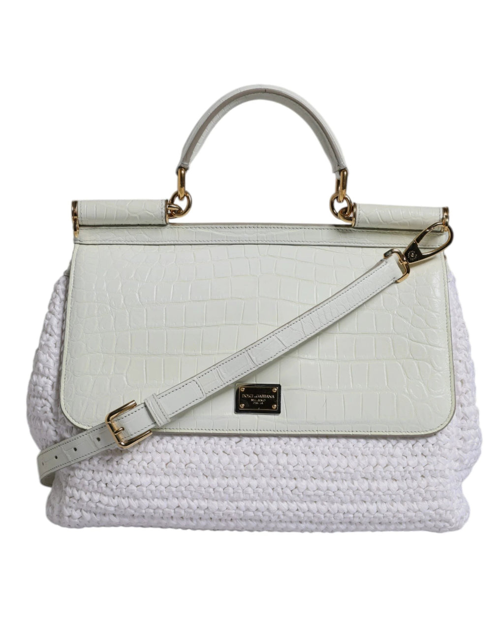 Dolce & Gabbana White Rafia Leather Top Handle Crossbody Bag by Dolce & Gabbana