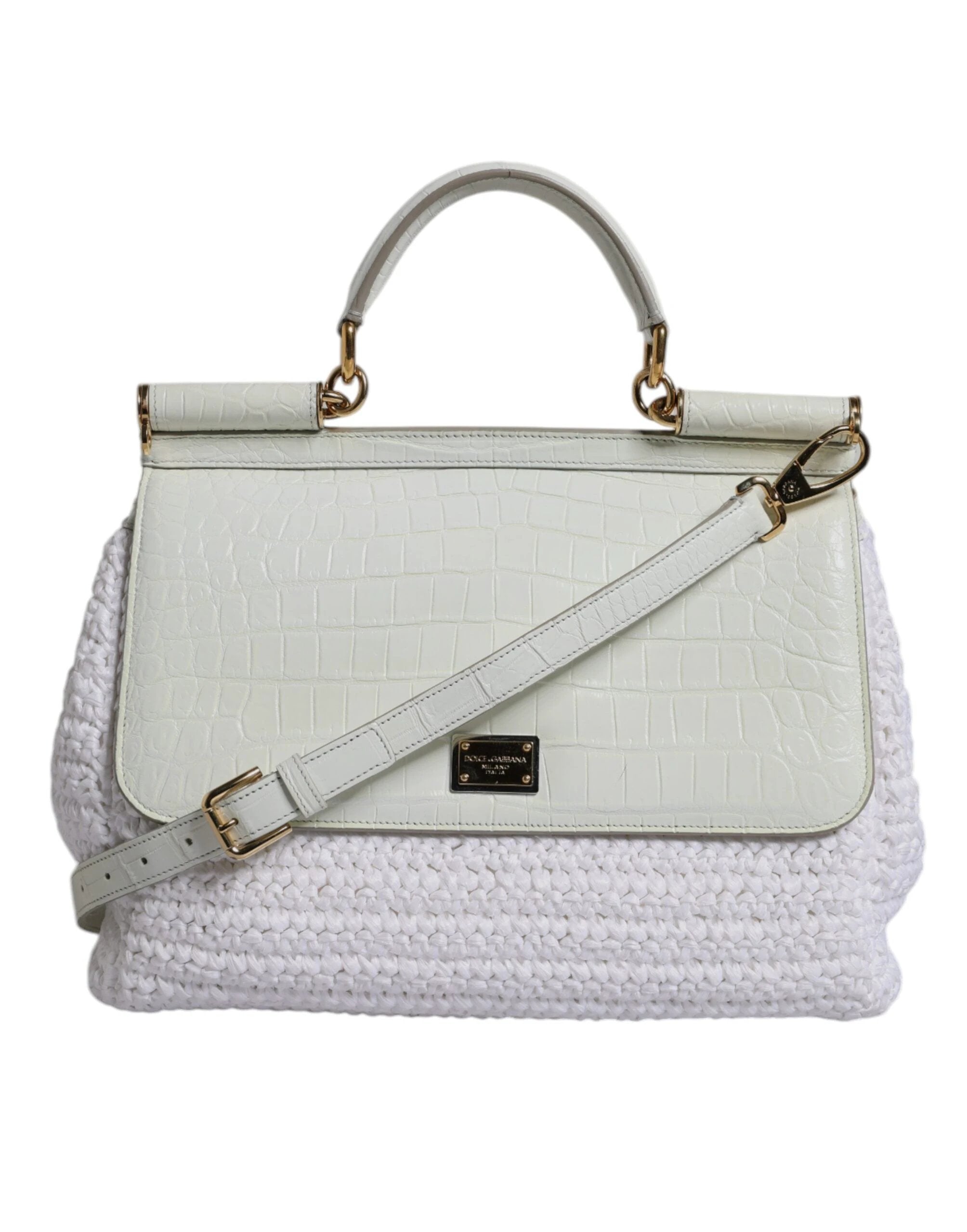 Dolce & Gabbana White Rafia Leather Top Handle Crossbody Bag by Dolce & Gabbana