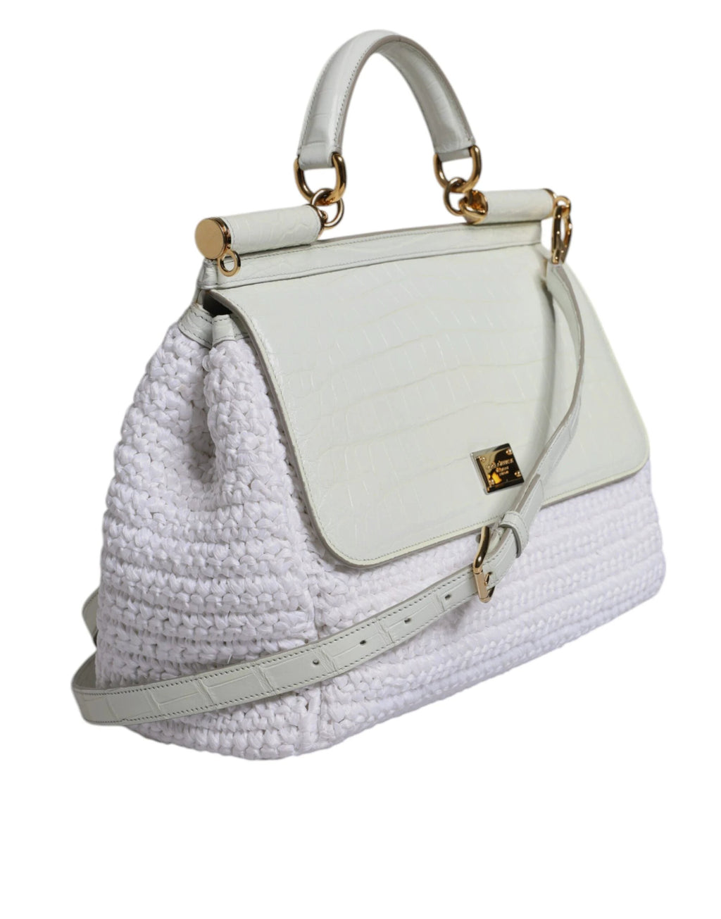 Dolce & Gabbana White Rafia Leather Top Handle Crossbody Bag by Dolce & Gabbana