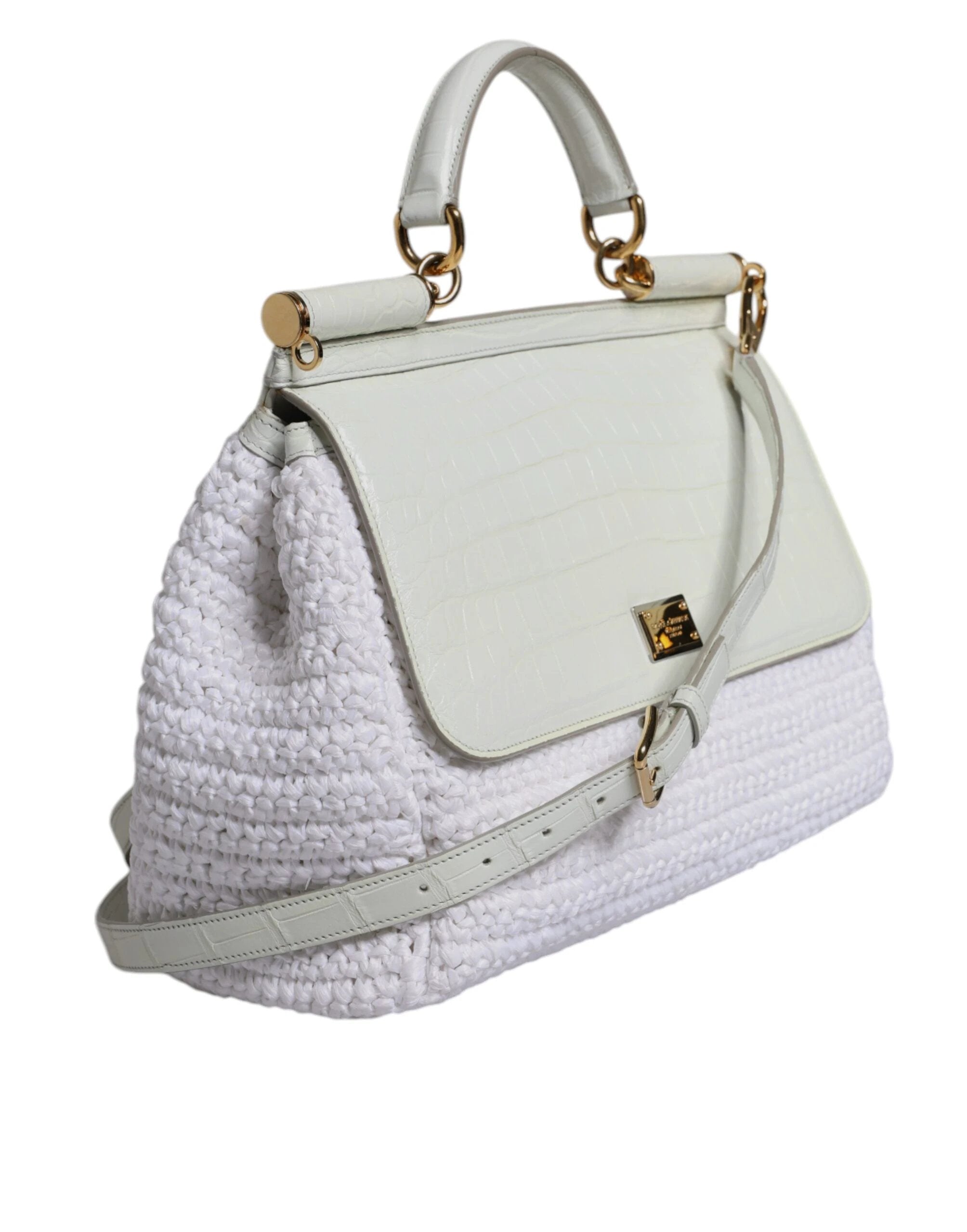 Dolce & Gabbana White Rafia Leather Top Handle Crossbody Bag by Dolce & Gabbana