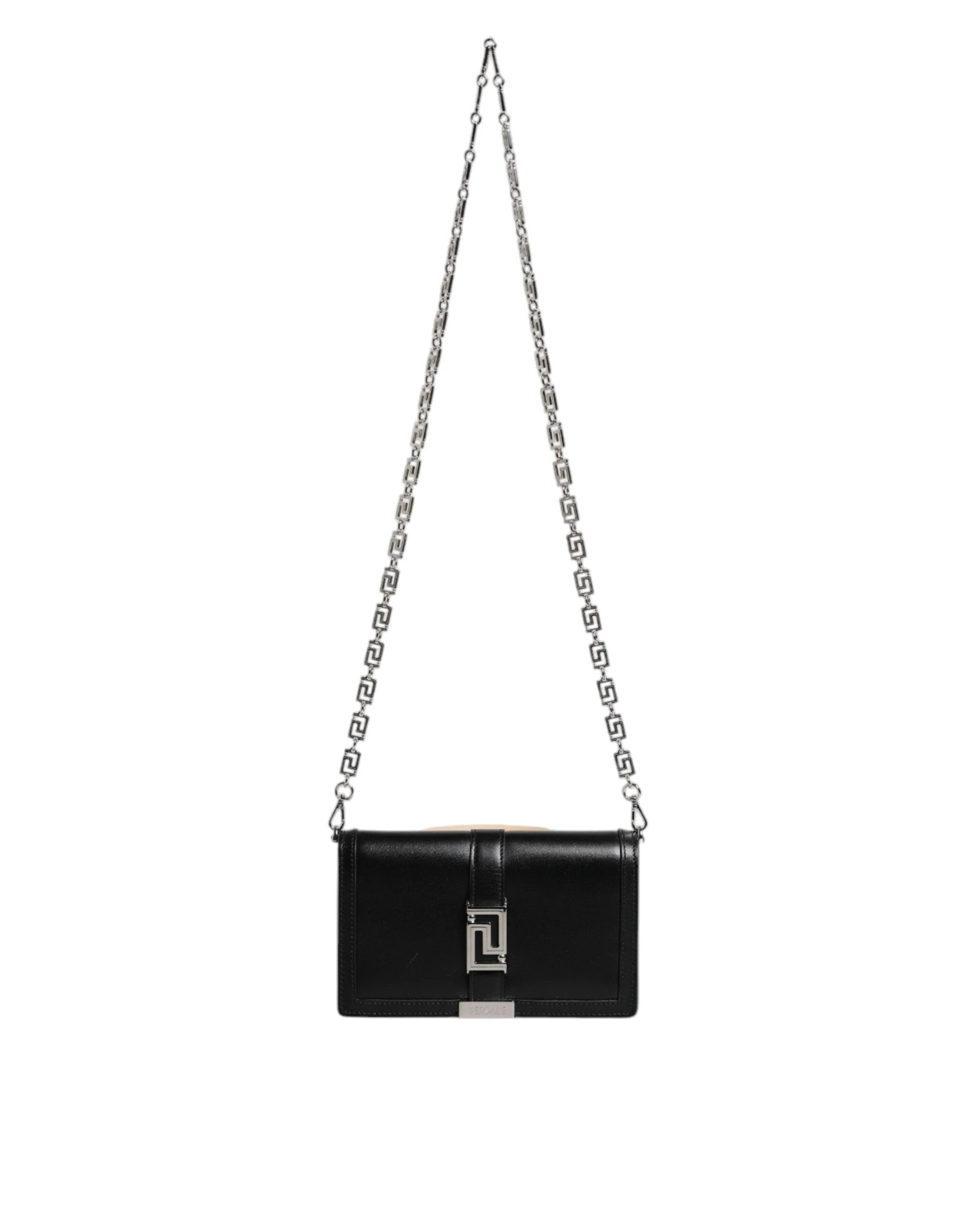Versace Black Calfskin Leather Chain Strap Shoulder Crossbody Bag by Versace