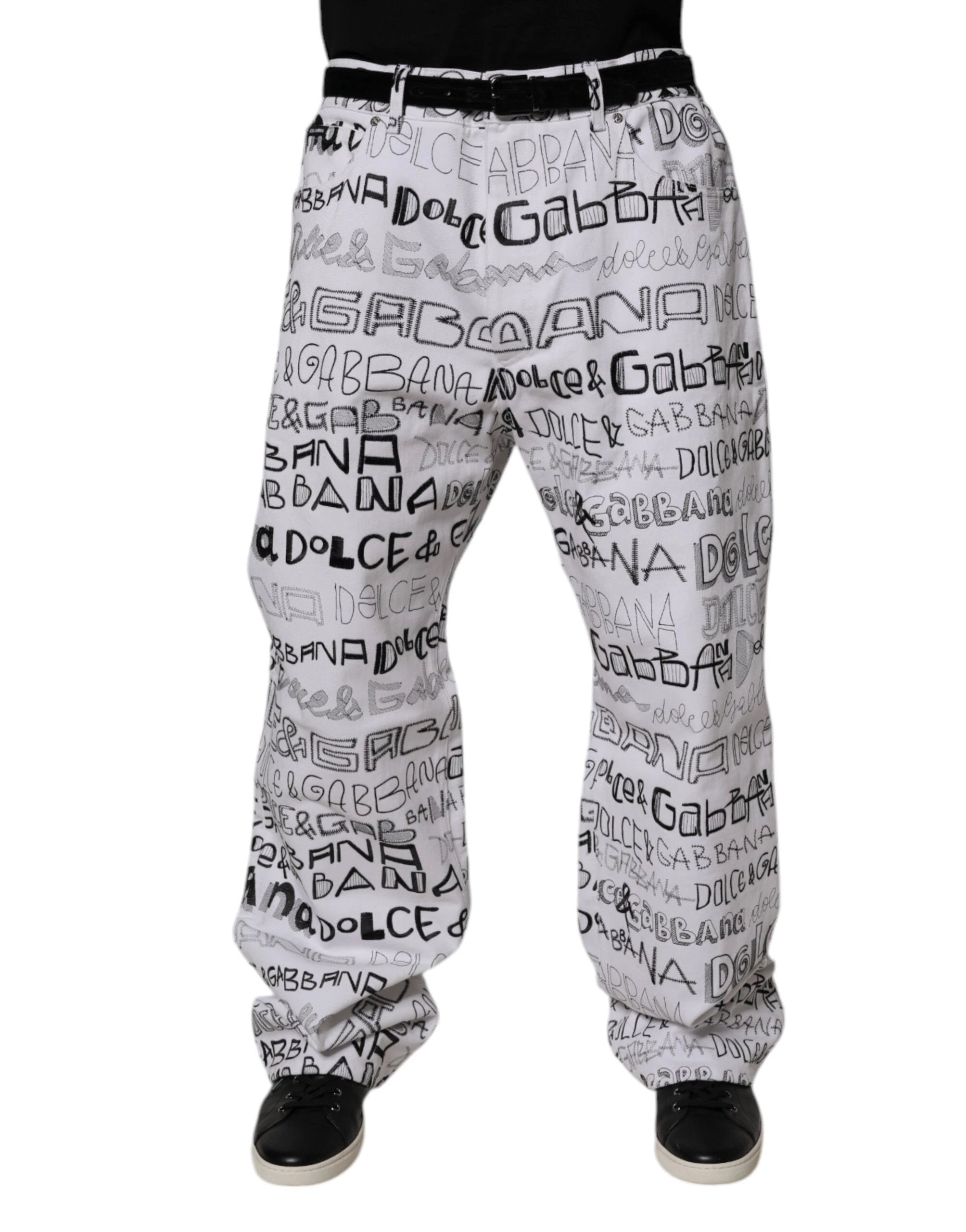 Dolce & Gabbana White Logo Print Straight Men Denim Jeans by Dolce & Gabbana