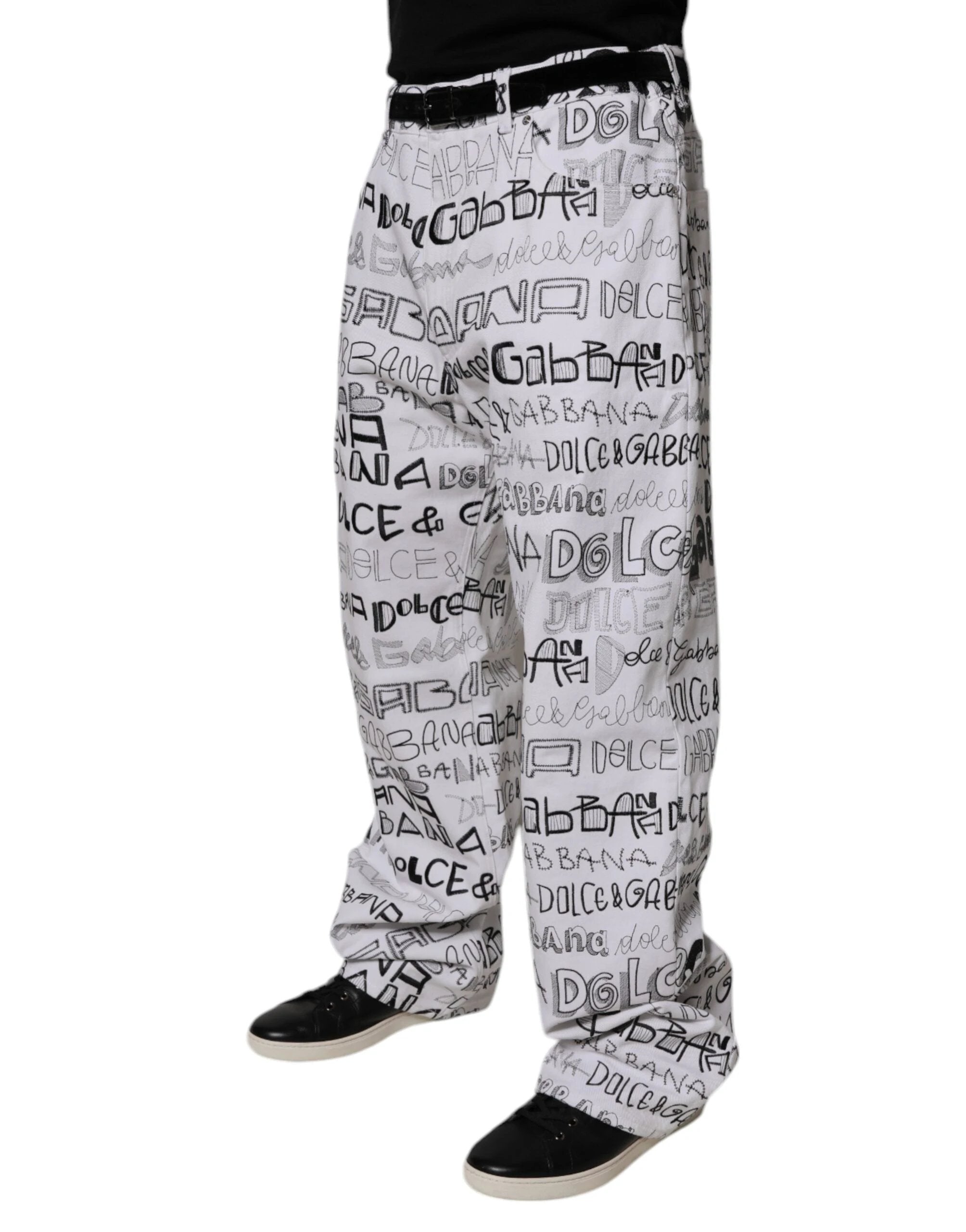 Dolce & Gabbana White Logo Print Straight Men Denim Jeans by Dolce & Gabbana