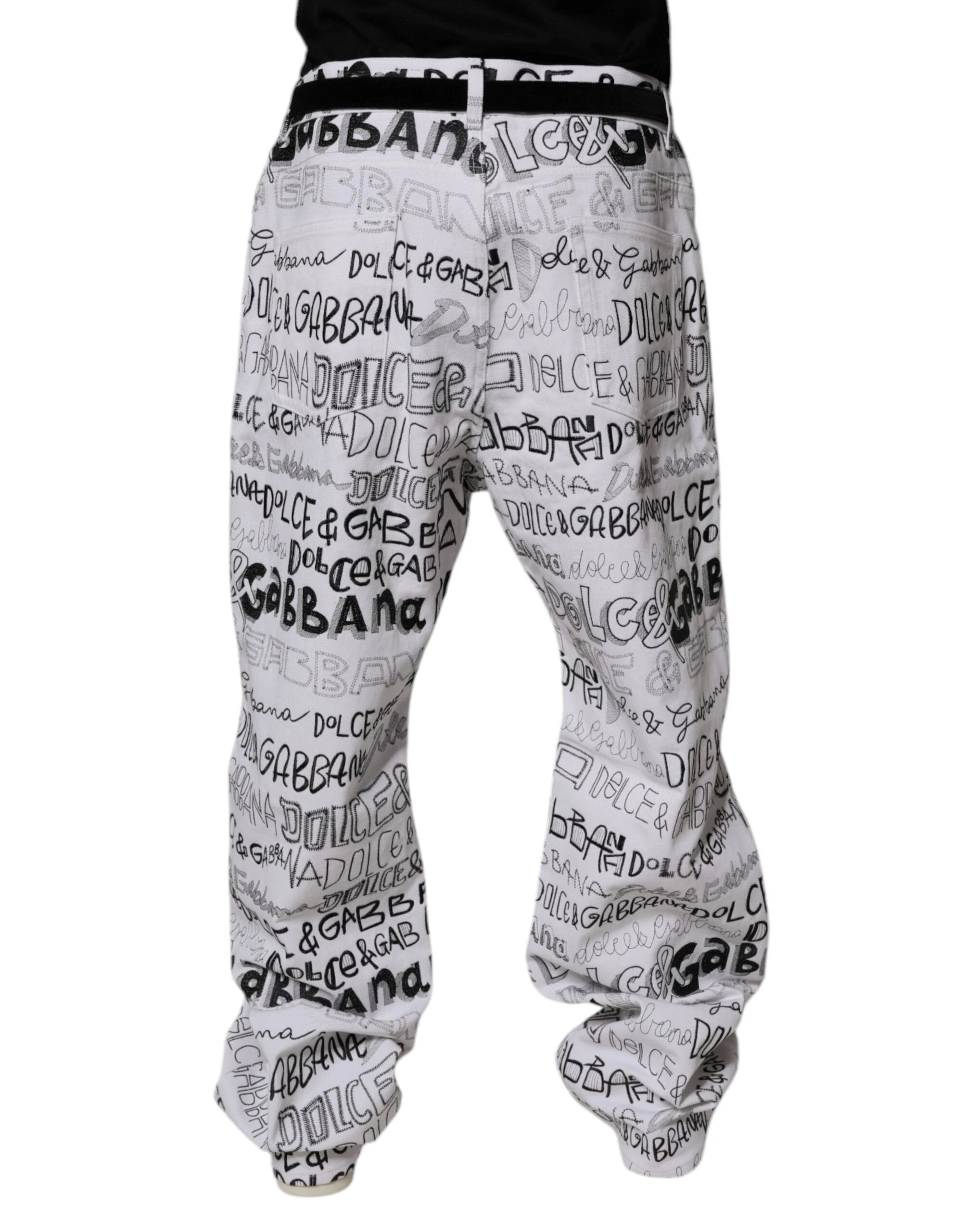 Dolce & Gabbana White Logo Print Straight Men Denim Jeans by Dolce & Gabbana