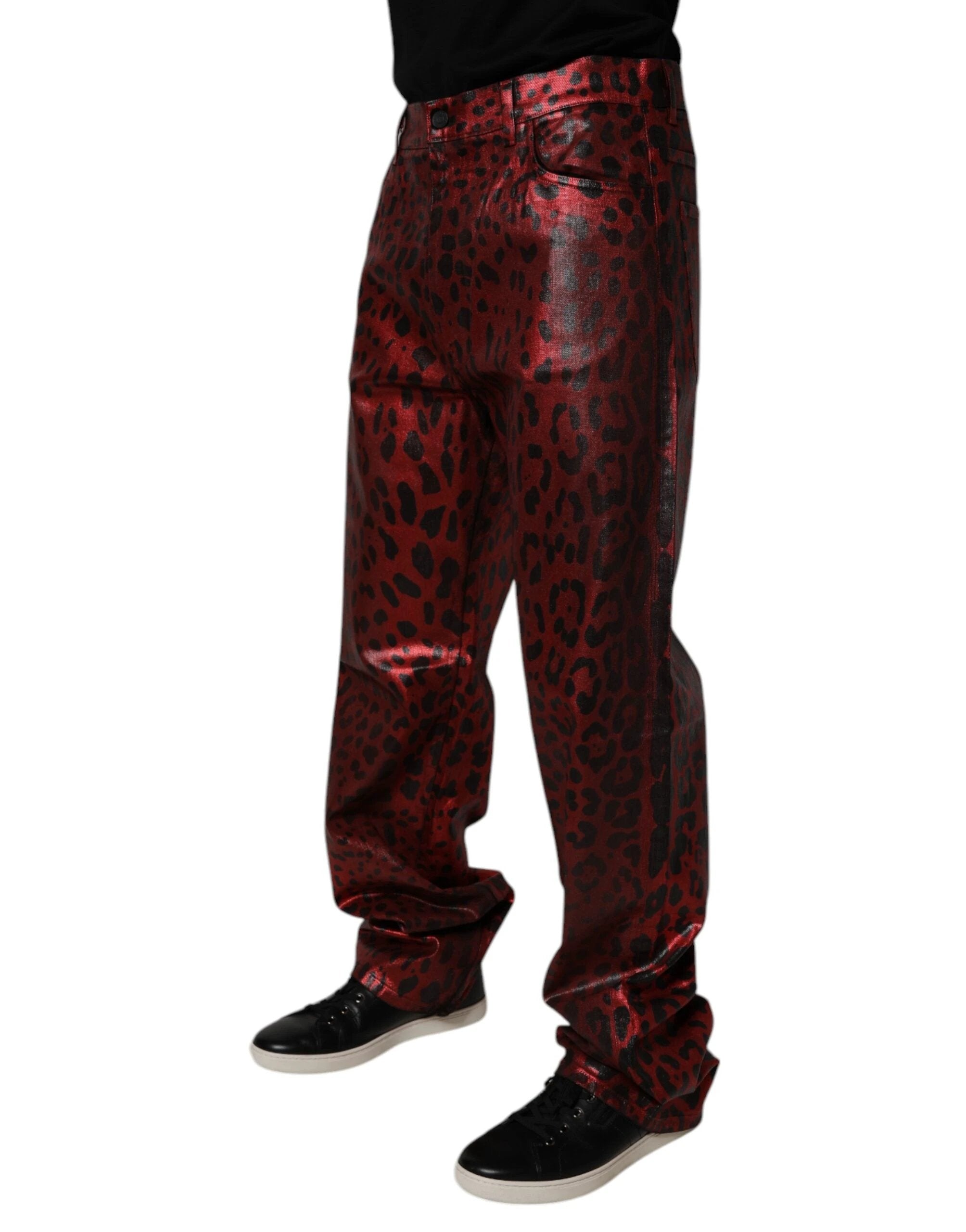 Dolce & Gabbana Red Leopard Cotton Straight Men Denim Jeans by Dolce & Gabbana