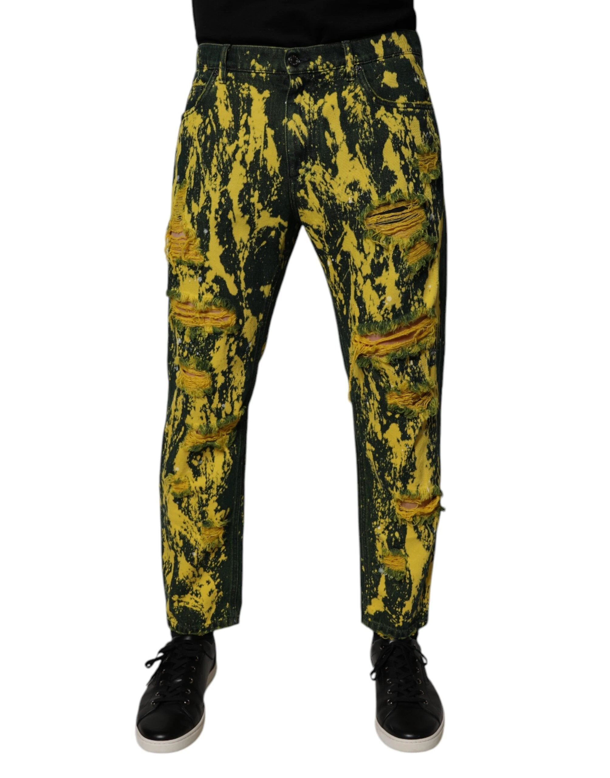 Dolce & Gabbana Black Yellow Tie Dye Tattered Skinny Men Denim Jeans by Dolce & Gabbana