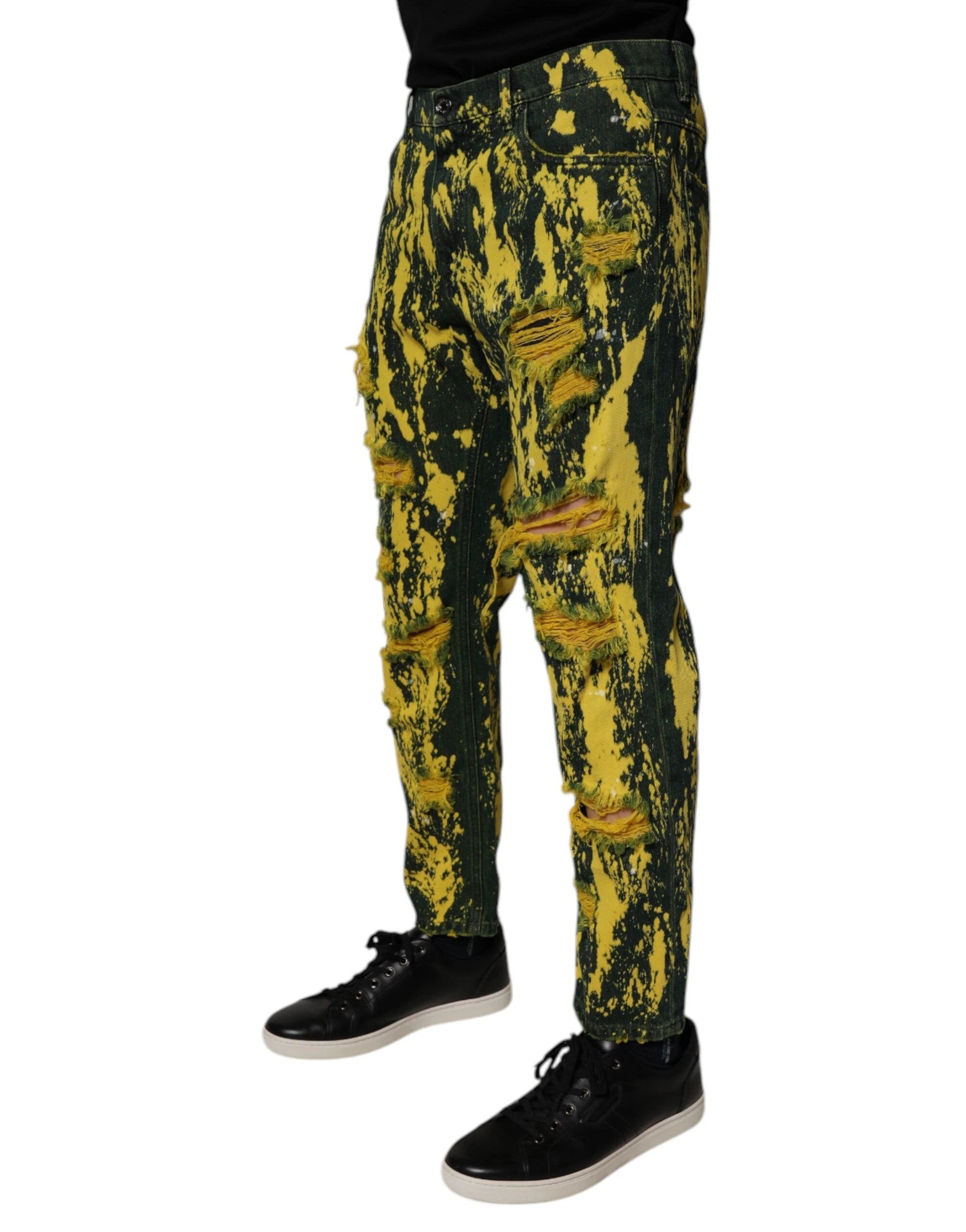 Dolce & Gabbana Black Yellow Tie Dye Tattered Skinny Men Denim Jeans by Dolce & Gabbana