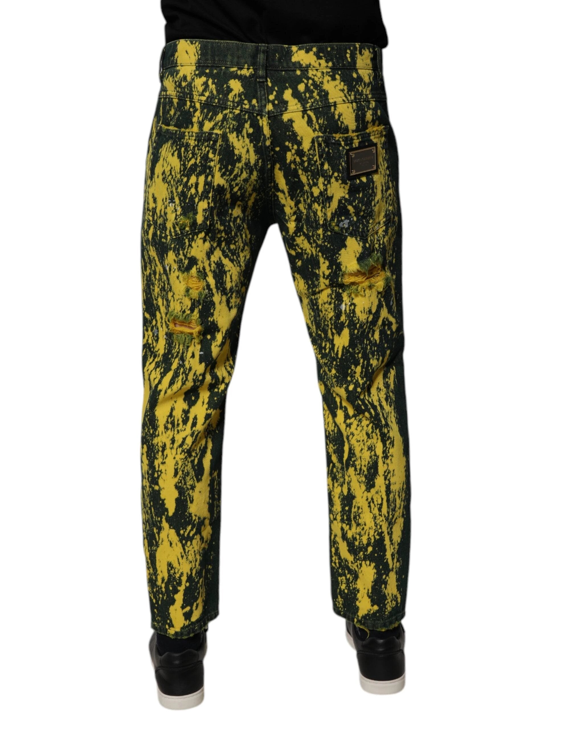 Dolce & Gabbana Black Yellow Tie Dye Tattered Skinny Men Denim Jeans by Dolce & Gabbana