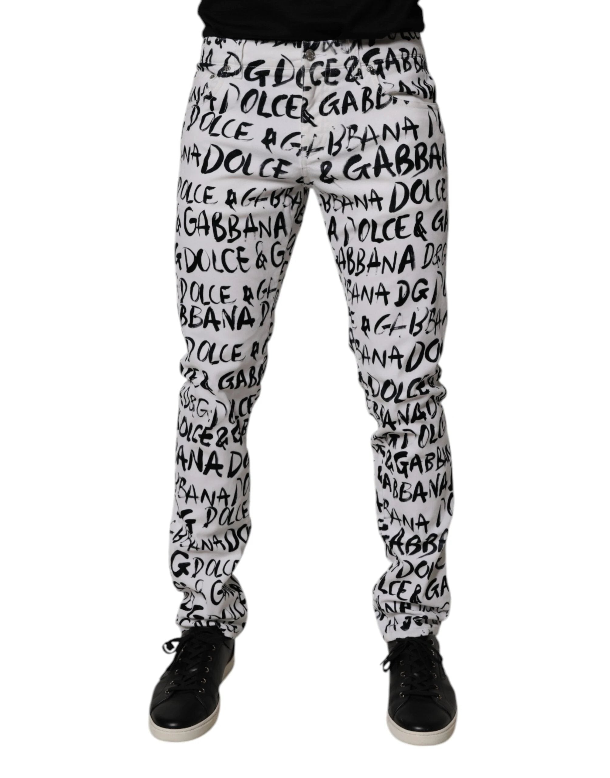 Dolce & Gabbana White Cotton Logo Print Skinny Denim Jeans by Dolce & Gabbana