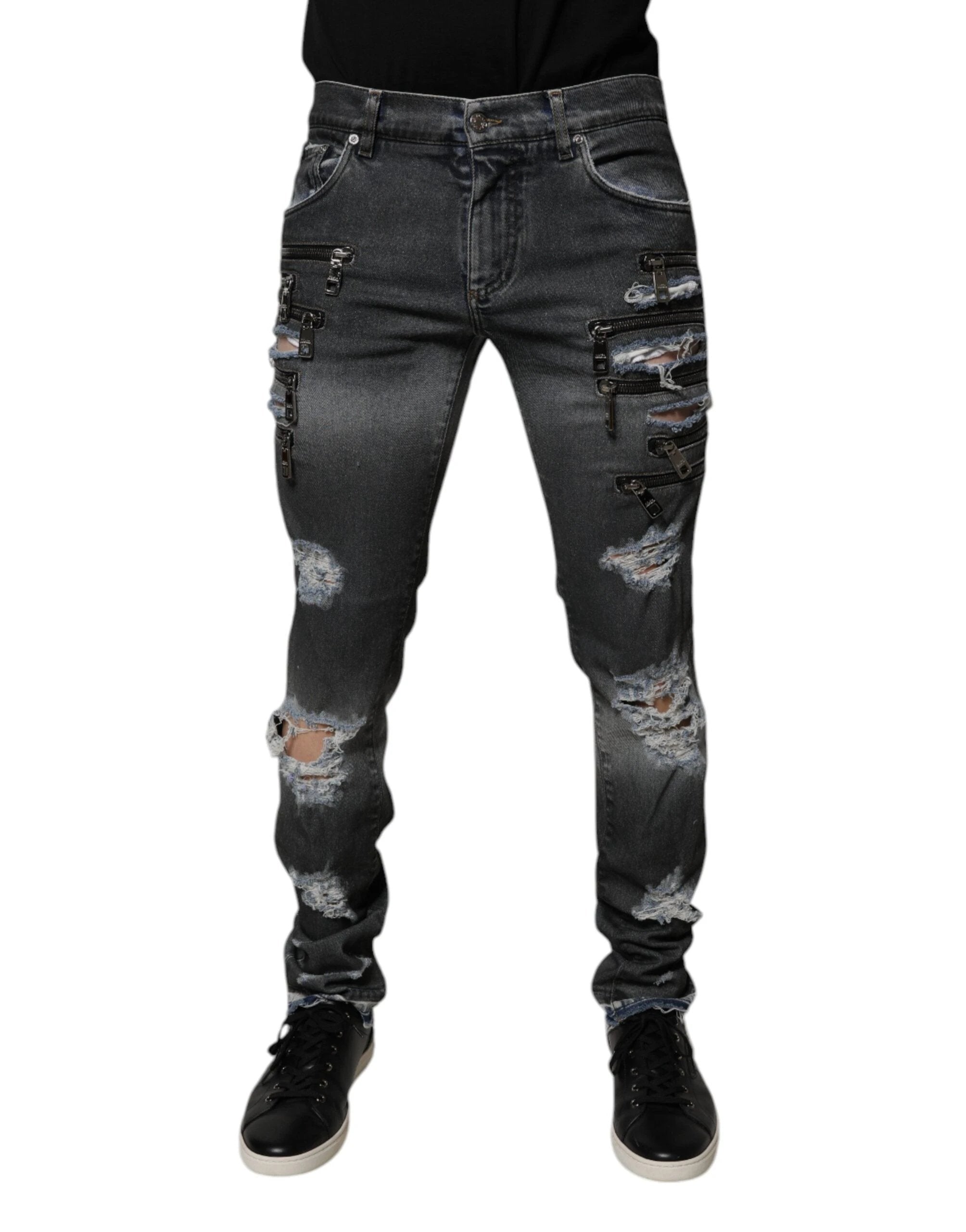 Dolce & Gabbana Dark Gray Tattered Cotton Skinny Denim Jeans by Dolce & Gabbana