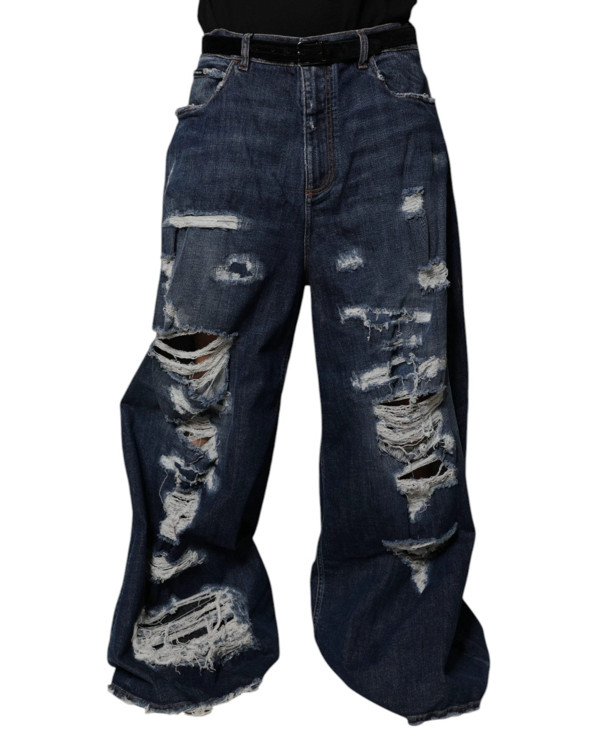 Dolce & Gabbana Dark Blue Tattered Wide Leg Men Denim Jeans by Dolce & Gabbana