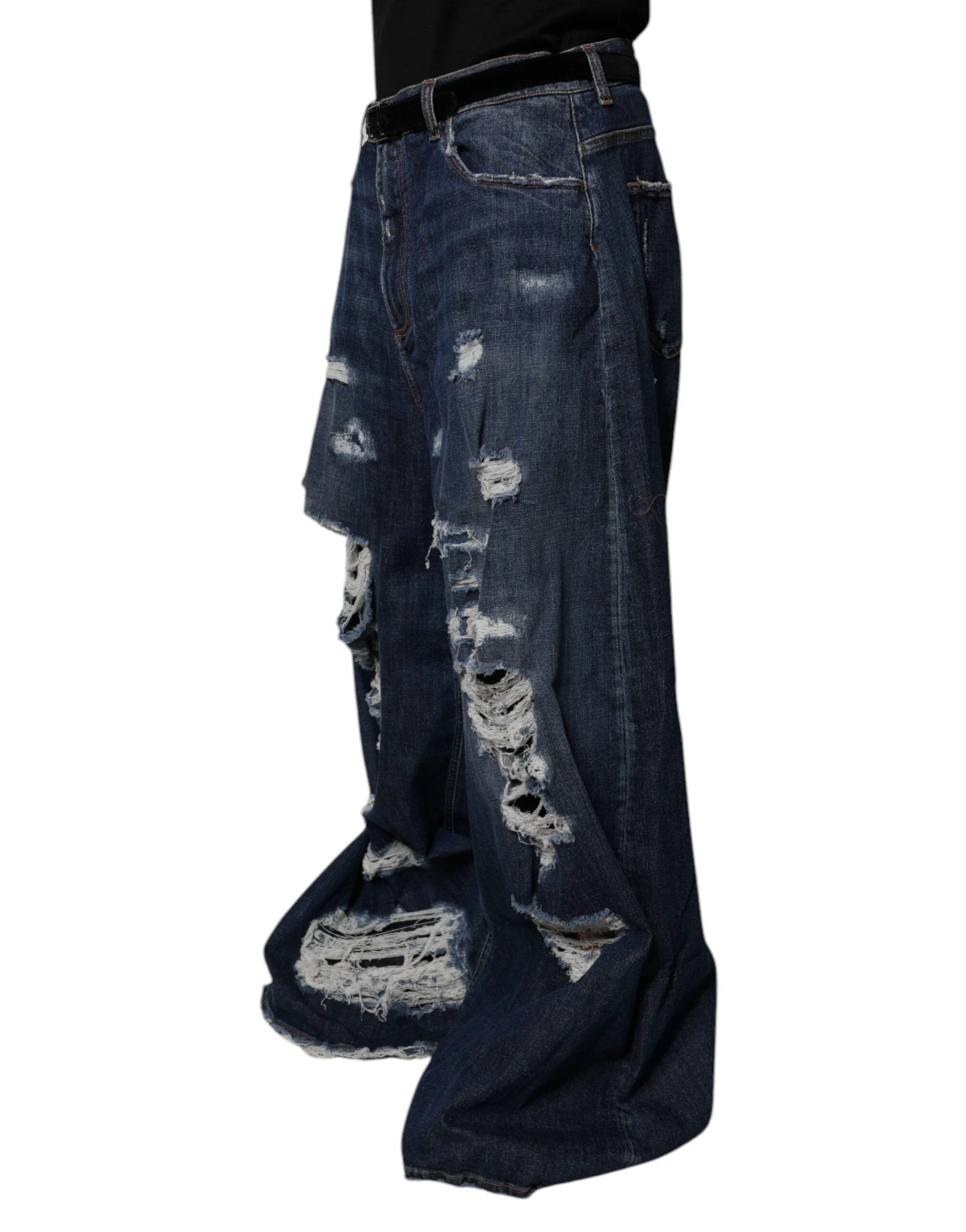 Dolce & Gabbana Dark Blue Tattered Wide Leg Men Denim Jeans by Dolce & Gabbana