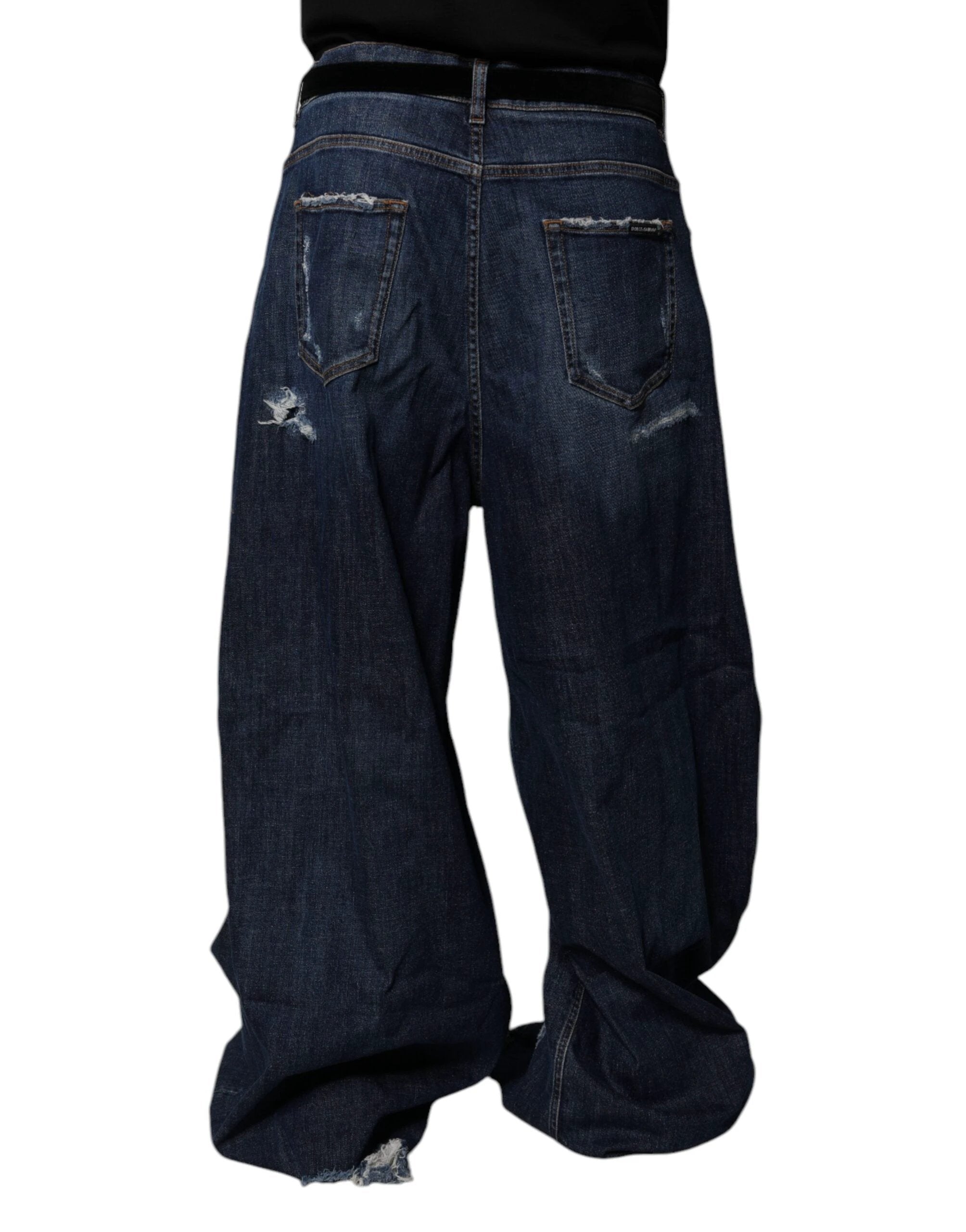 Dolce & Gabbana Dark Blue Tattered Wide Leg Men Denim Jeans by Dolce & Gabbana