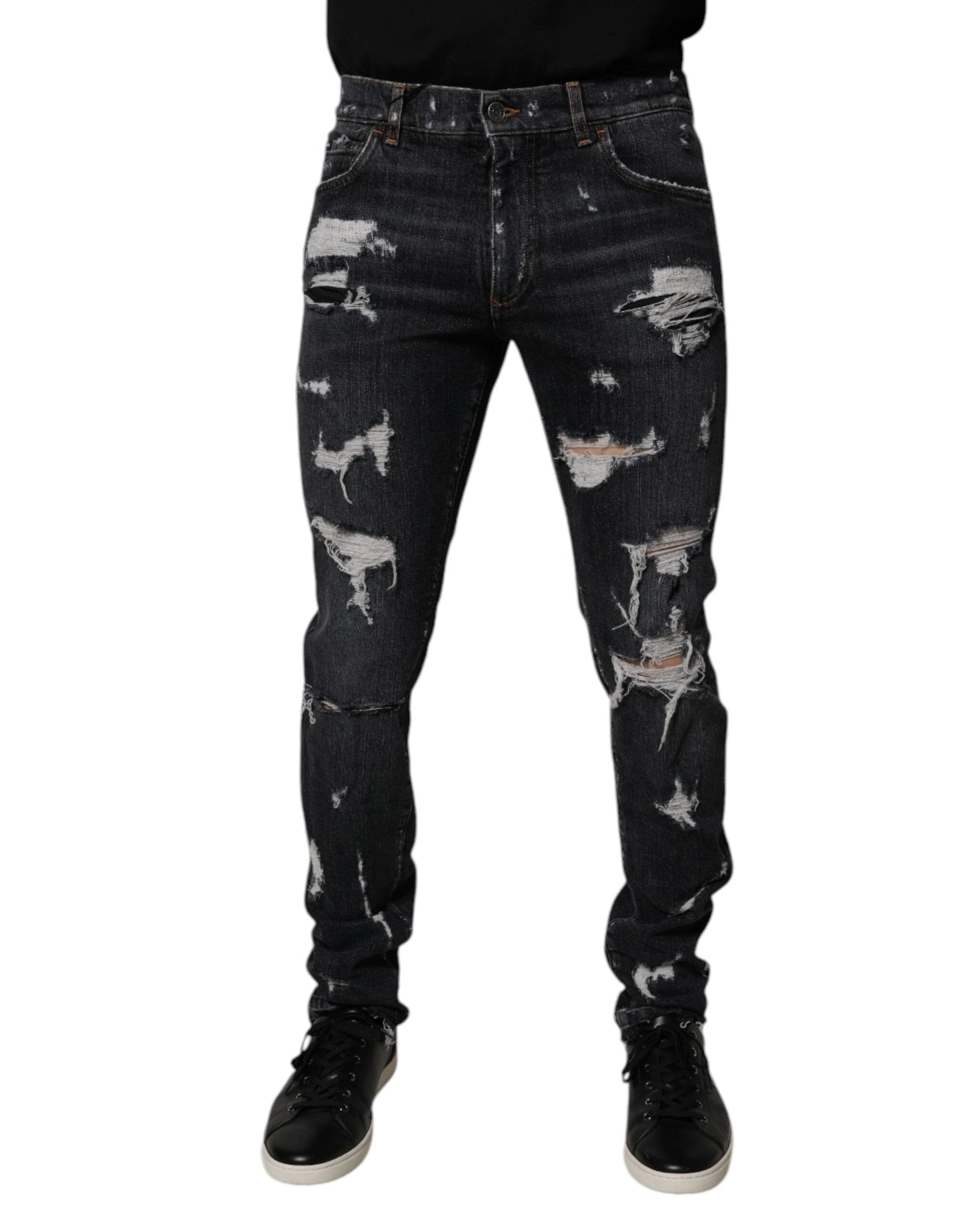Dolce & Gabbana Black Tattered Cotton Skinny Men Denim Jeans by Dolce & Gabbana