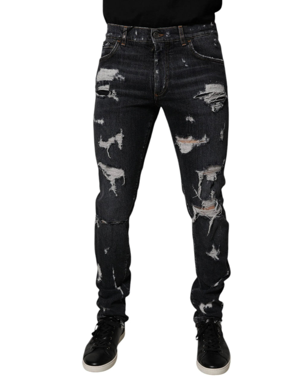 Dolce & Gabbana Black Tattered Cotton Skinny Men Denim Jeans by Dolce & Gabbana