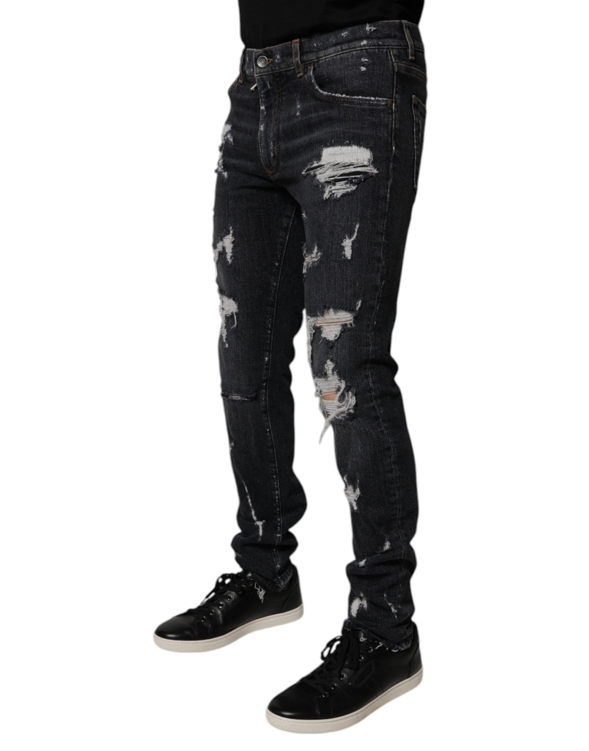 Dolce & Gabbana Black Tattered Cotton Skinny Men Denim Jeans by Dolce & Gabbana