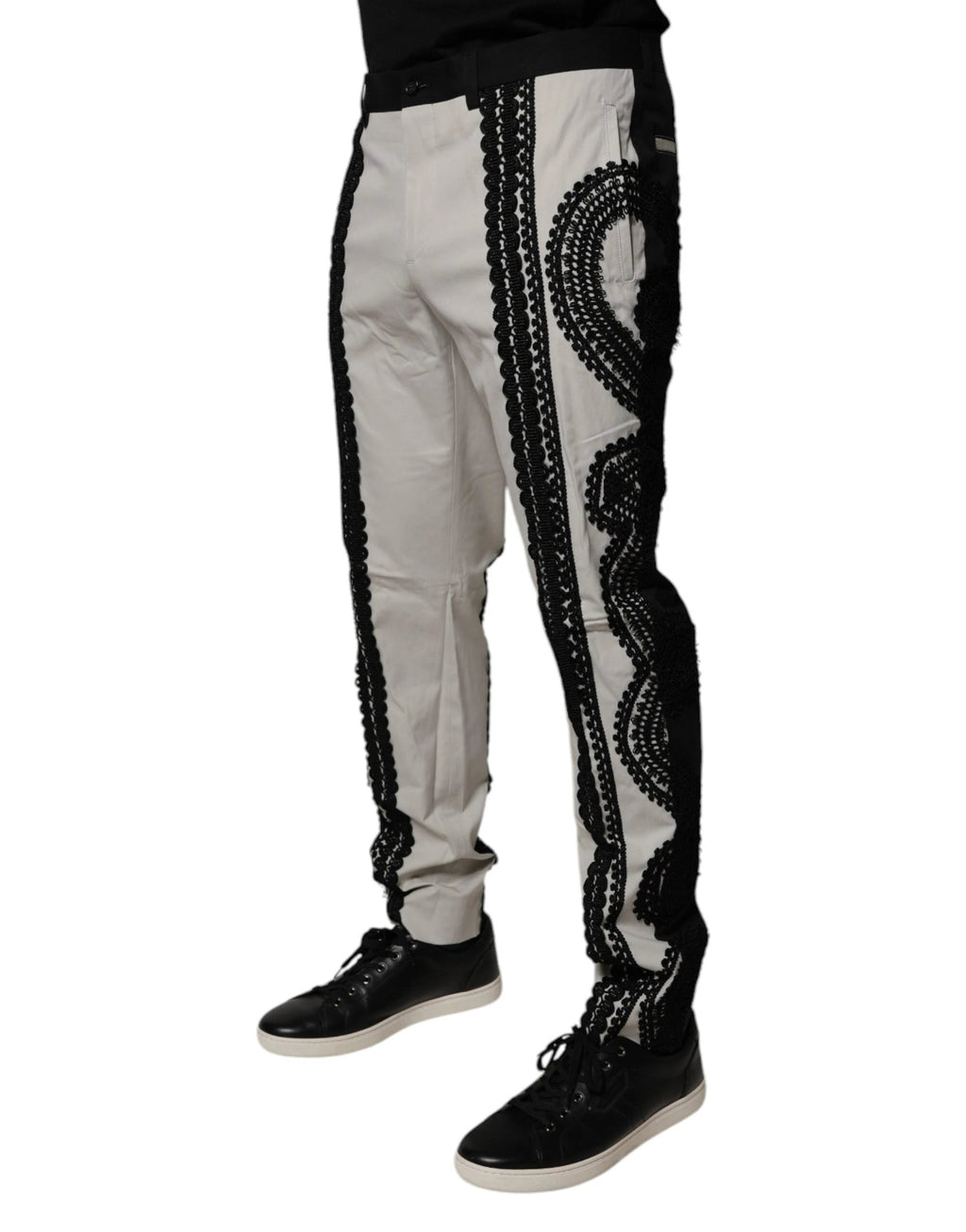 Dolce & Gabbana White Lace Trim Mid Waist Dress Formal Pants by Dolce & Gabbana