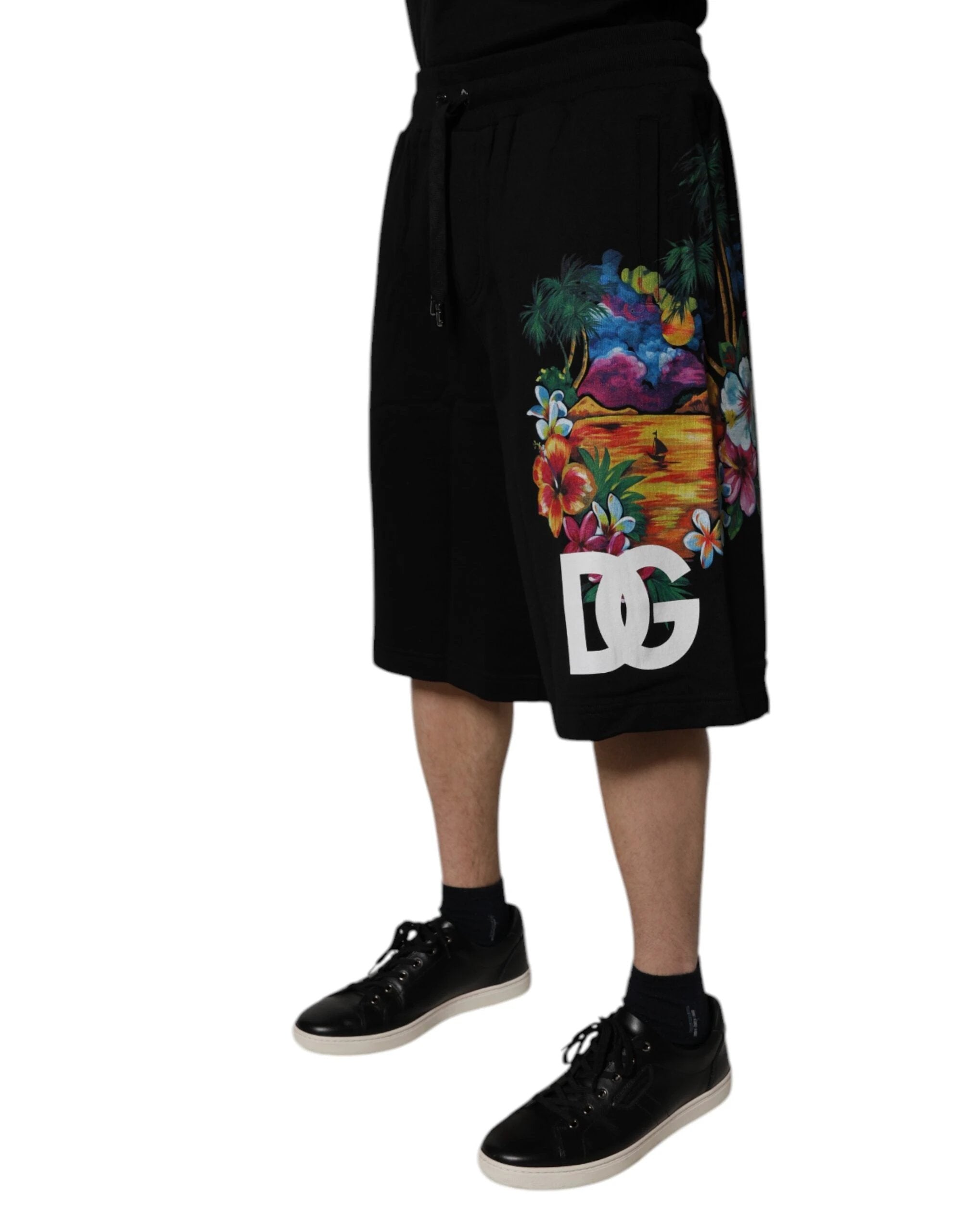 Dolce & Gabbana Black Cotton Logo Floral Print Bermuda Shorts by Dolce & Gabbana